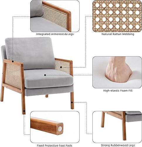 Miniatura 6 de Alunaune Sillón gris de ratán natural para sala de estar, sillas de acento tapizadas, moderna zapatilla de club, sofá de recepción de invitados,