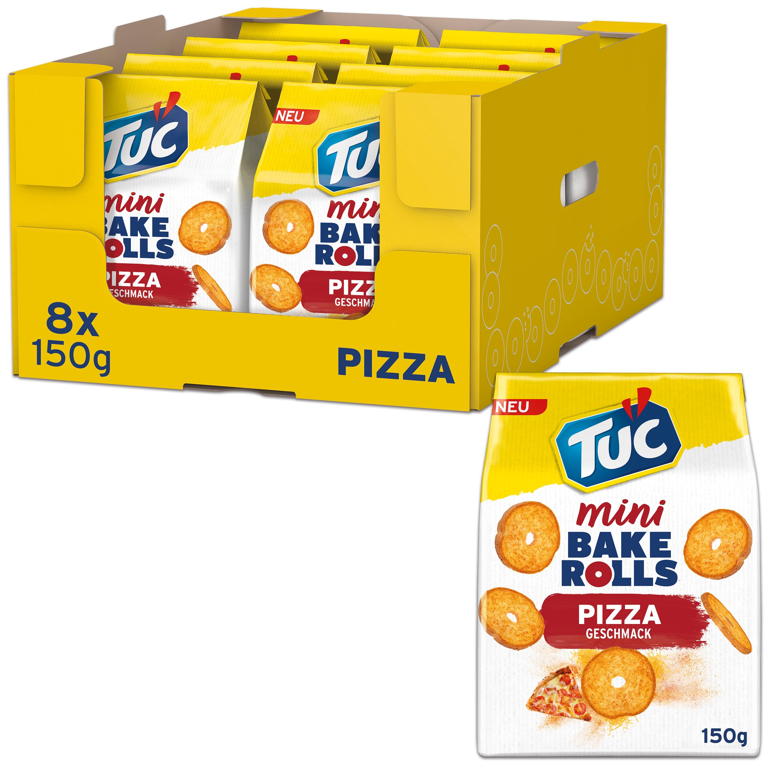 Tuc Mini Bake Rolls Pizza 8 x 150g I Knusprige Brotchips I Knabbergebäck Chips Großpackung