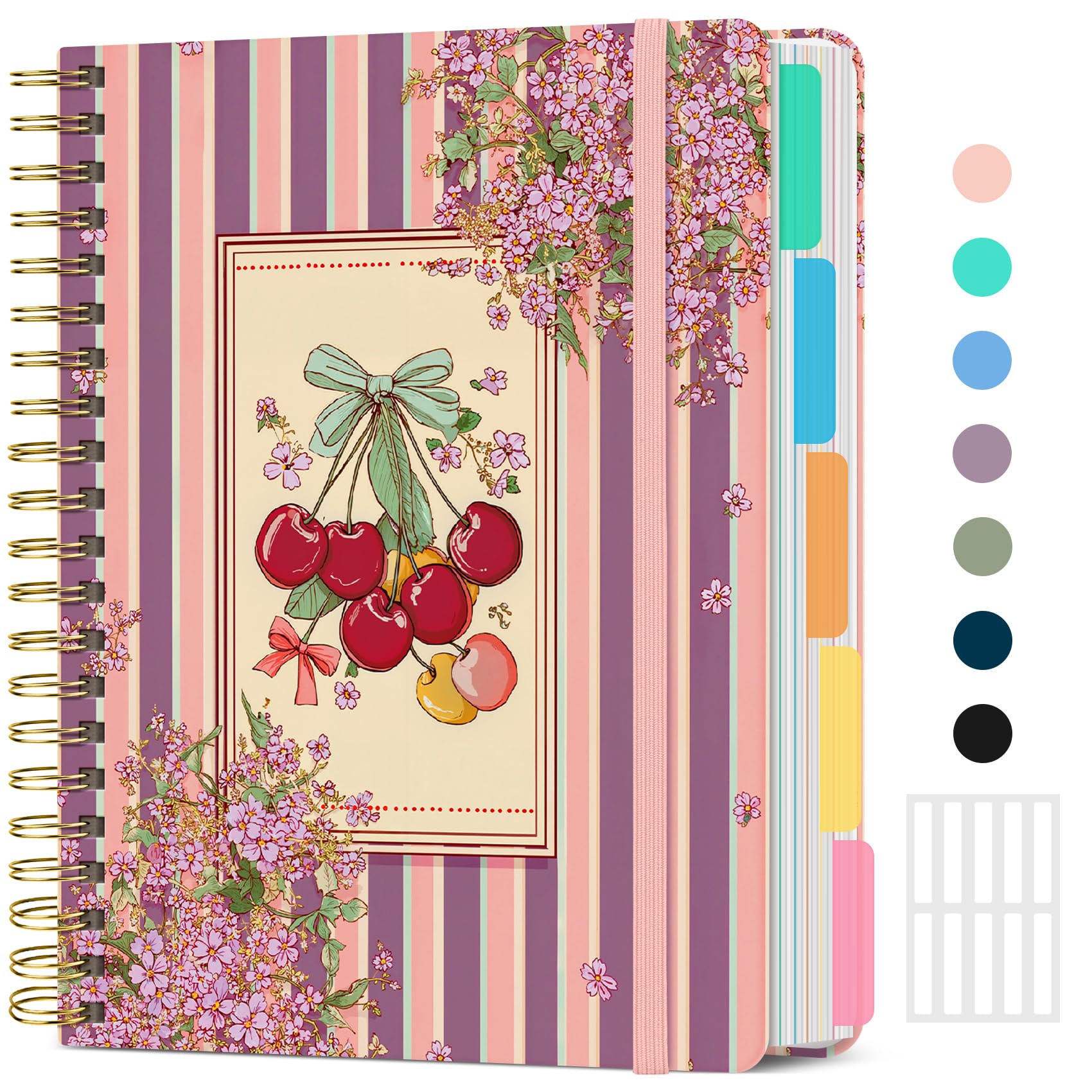 Cherry Reverie - Taccuino grande a spirale per lavoro con divisori e linguette, 21,6 x 27,9 cm, copertina rigida, 5 soggetti, a righe universitarie, 280 pagine