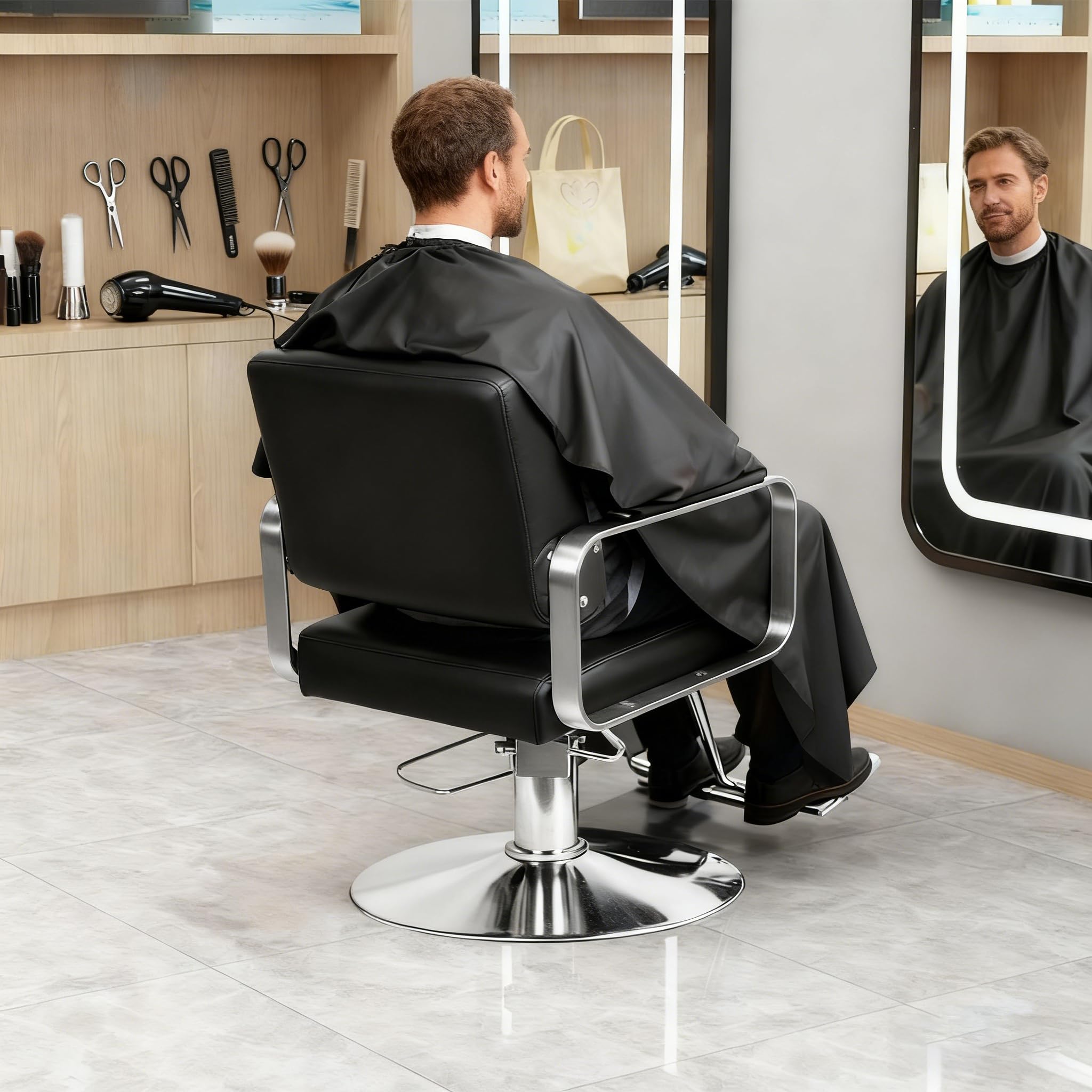 Friseurstuhl 250 kg Tragkraft 360° Drehbar 15cm Höhenverstellbar Hydraulischer Frisörstuhl mit Stahlsockel für Schönheitssalon Tattoo-Studio (Barber Stuhl B)