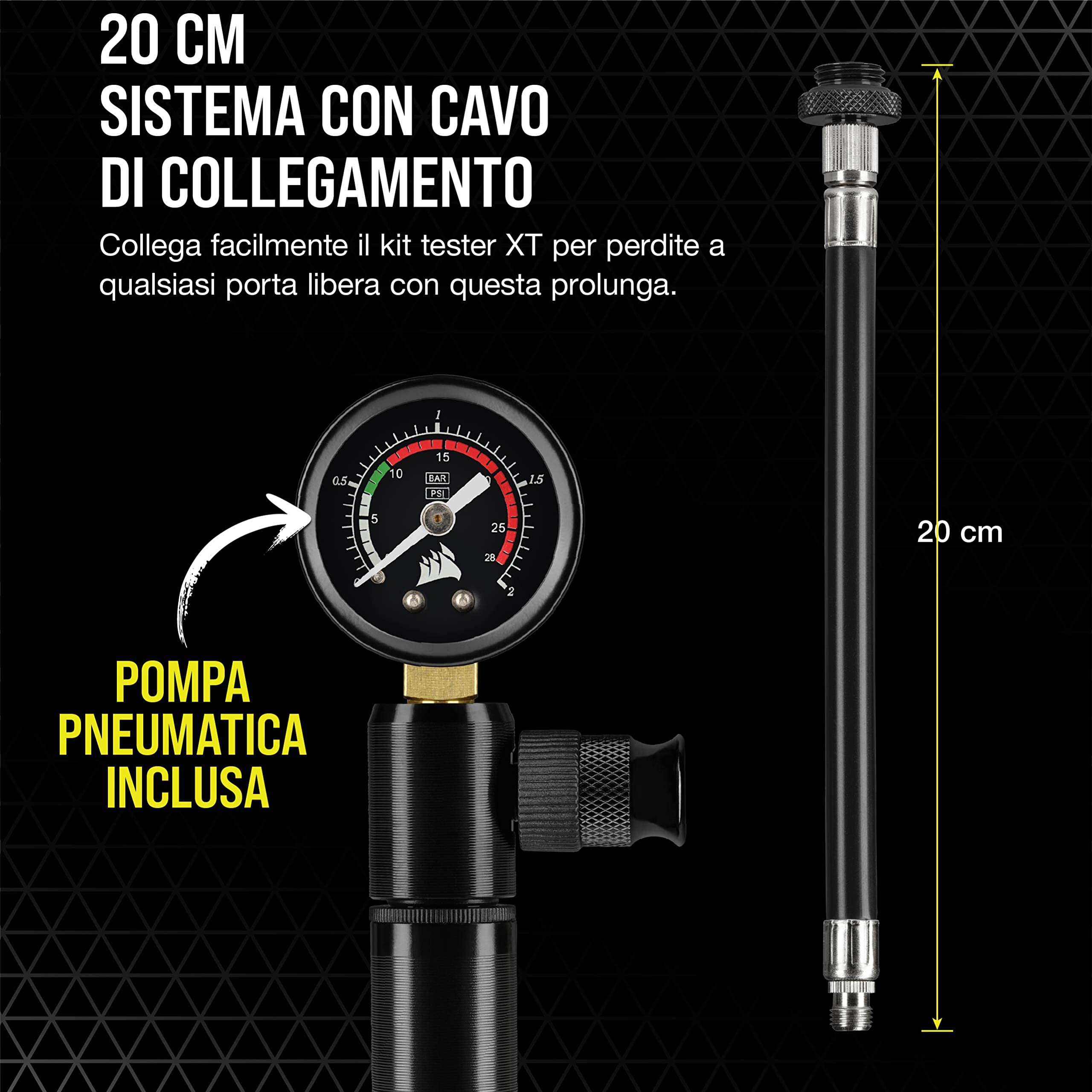 Corsair Hydro X Series XT Tester per perdite di pressione tool kit (Rapido e sicuro, Pompa pneumatica manuale inclusa, Letture accurate della pressione, Cavo da 20 cm) Nero (CX-9071002-WW)