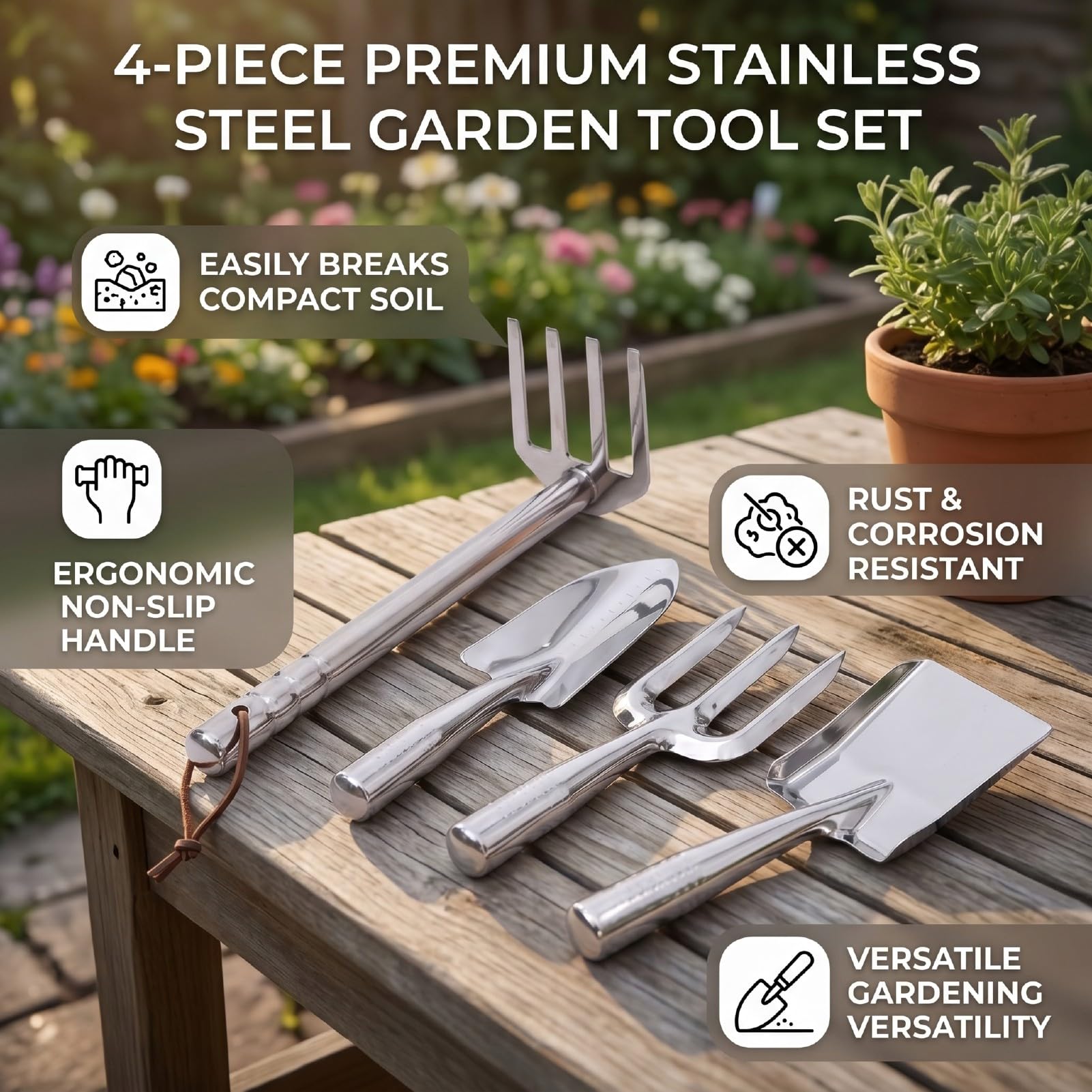 FTVOGUE Set di Attrezzi da Giardino da 4 Pezzi in Acciaio Inossidabile con Manico Antiscivolo e Foro per Appendere le Erbacce, Piantare e Scavare nel Terreno