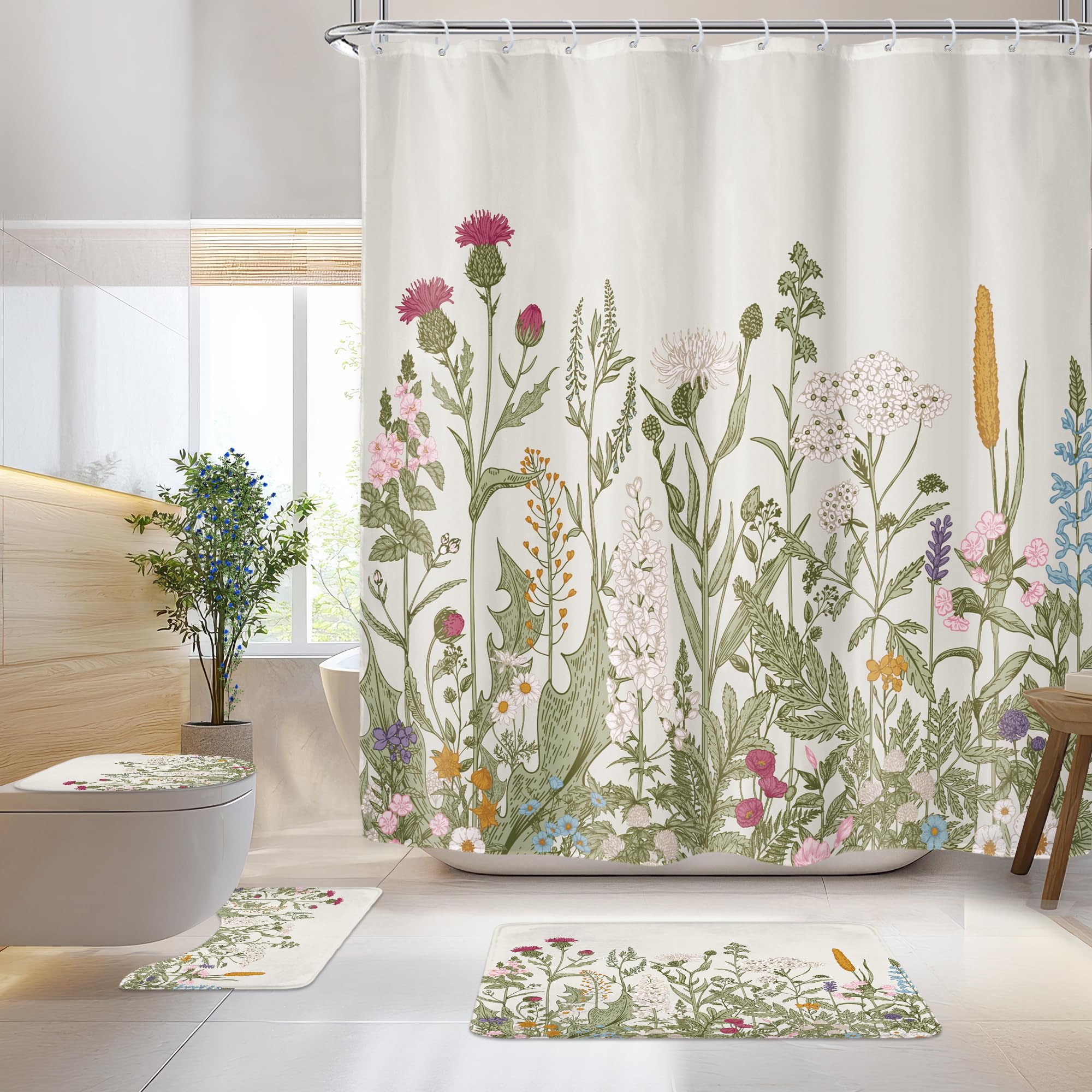 Riyidecor Wildflower Botanical 4Pcs Bathroom Shower Curtain Sets Floral Flower Herbs Green Leaf Bathroom Decor Set with Rugs and Accessories Plant Toilet Lid Rug, Contour and Bath Mat with 12 Hooks