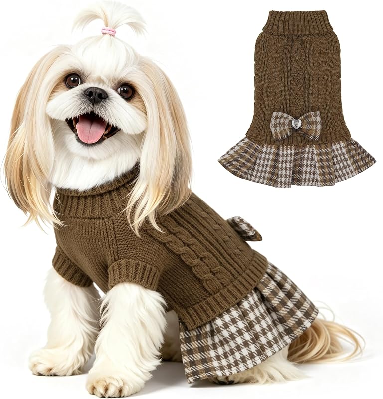 Suéter Vestido de Tricô para Cães Pequenos com Gola Alta e Laço YUDODO – Modelo 89005BRN0S1