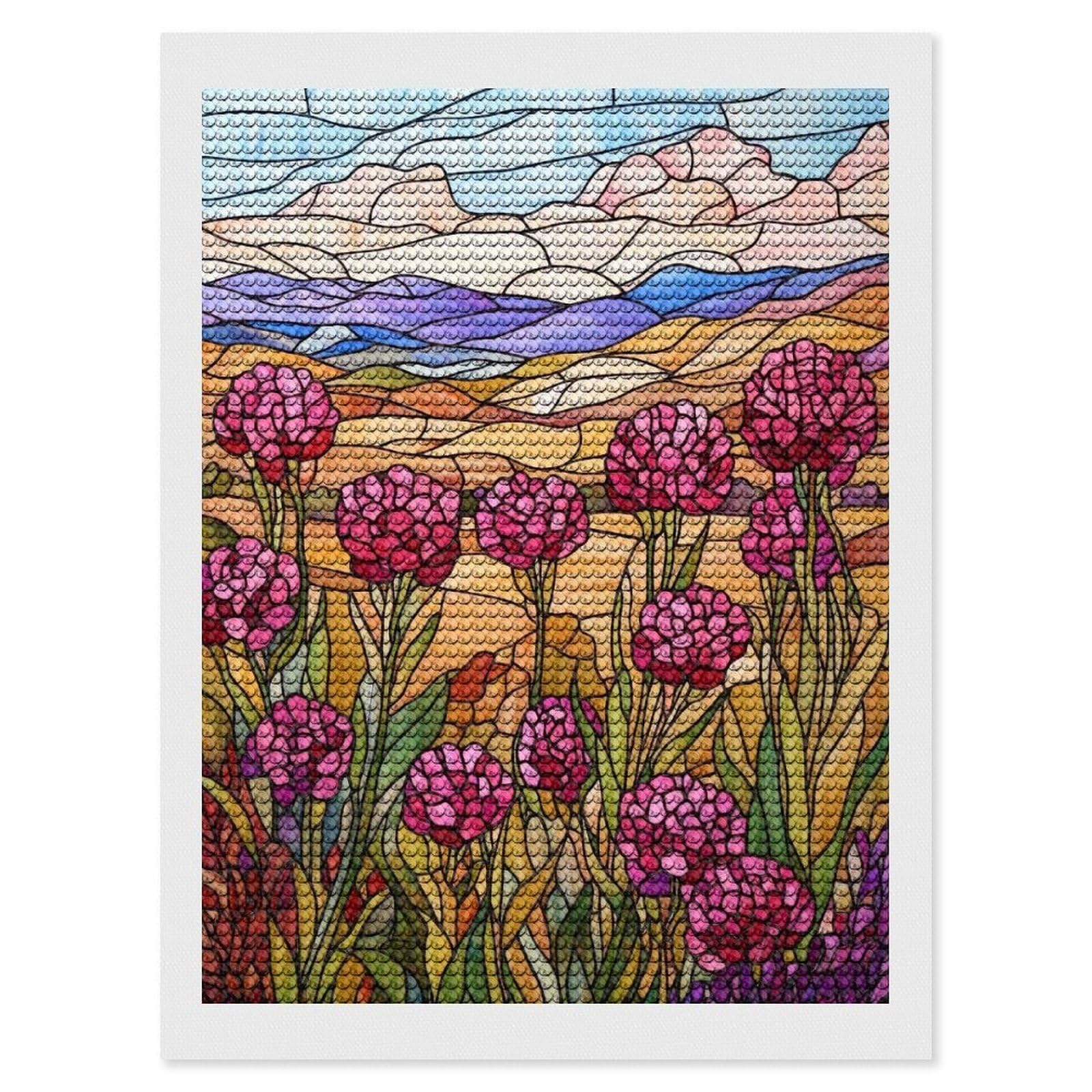 Junmoney Stained Glass Mountain Meadow Round Drill Diamond Painting 12"x16", for Craft Lovers, Stress Relief Craft, Bedroom Decor, Festive Craft Gift