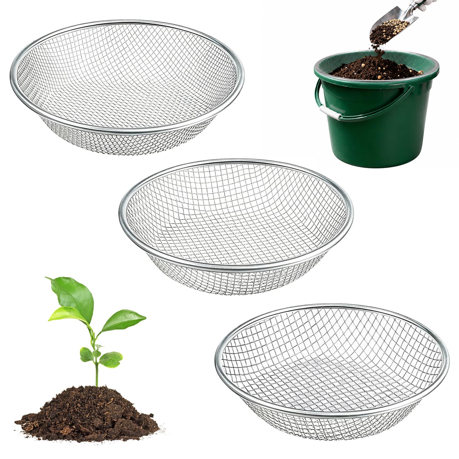 3er-Set Gartensieb rund Ø 30 cm, Metall Kompostsieb Garten Sandsieb für die Gartenarbeit – Sieb für Steine, Erde und organisches Material, 3mm/ 6mm/10mm Masche Sieb, passend für 5-Gallonen-Eimer