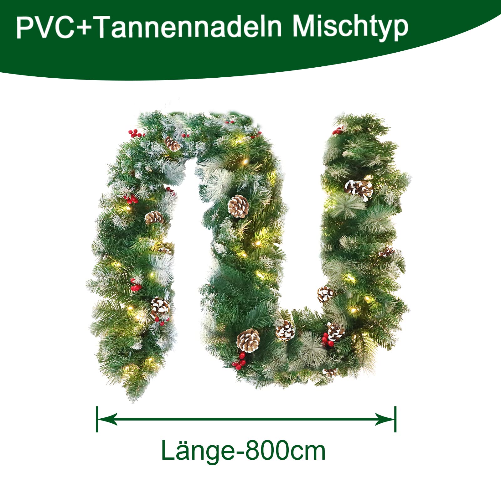 Froadp 800cm Künstliche Girlanden für Festlichkeiten, Weihnachten Tannengirlande mit Schnee Kiefernzapfen & Rot Beeren, Weihnachtliche Kränze mit LED, Hängende Blumen Türkranz für Parties Geburtstag