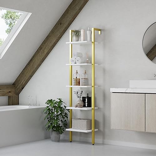 Miniatura 5 de YMYNY Estantería de escalera de 5 niveles, estantería industrial montada en la pared, estante de exhibición abierto con marco de metal, estantes de