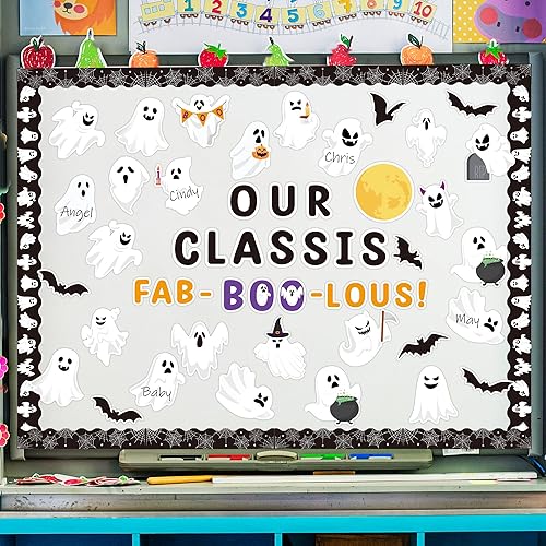 Miniatura 5 de B1ykin Juego de 134 piezas de decoración de tablón de anuncios de fantasmas de Halloween, recortes de papel con patrón de fantasmas, bordes de