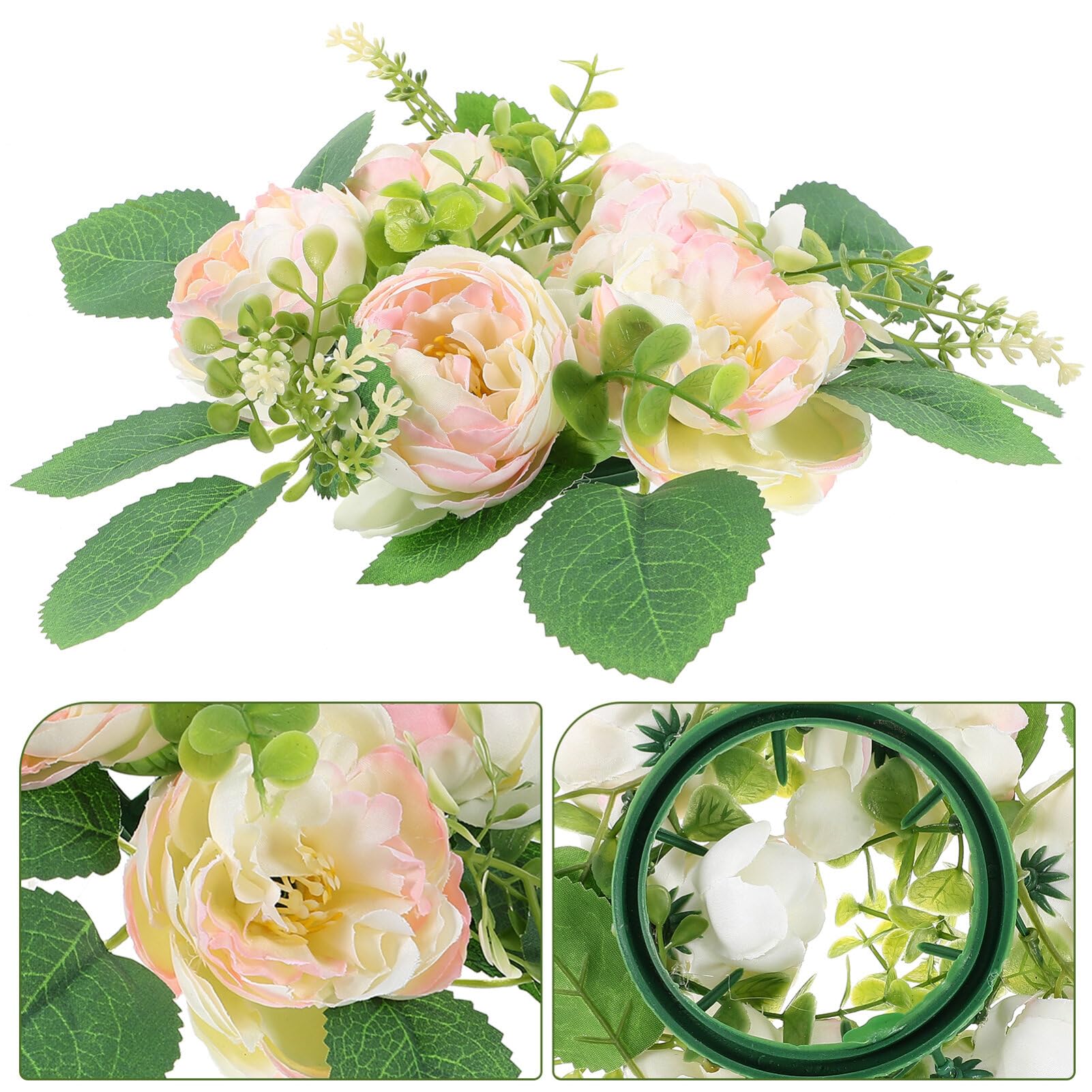 Kichvoe Peony Candle Wreath Taper Candle Rings Chic Artificial Flower Ornaments