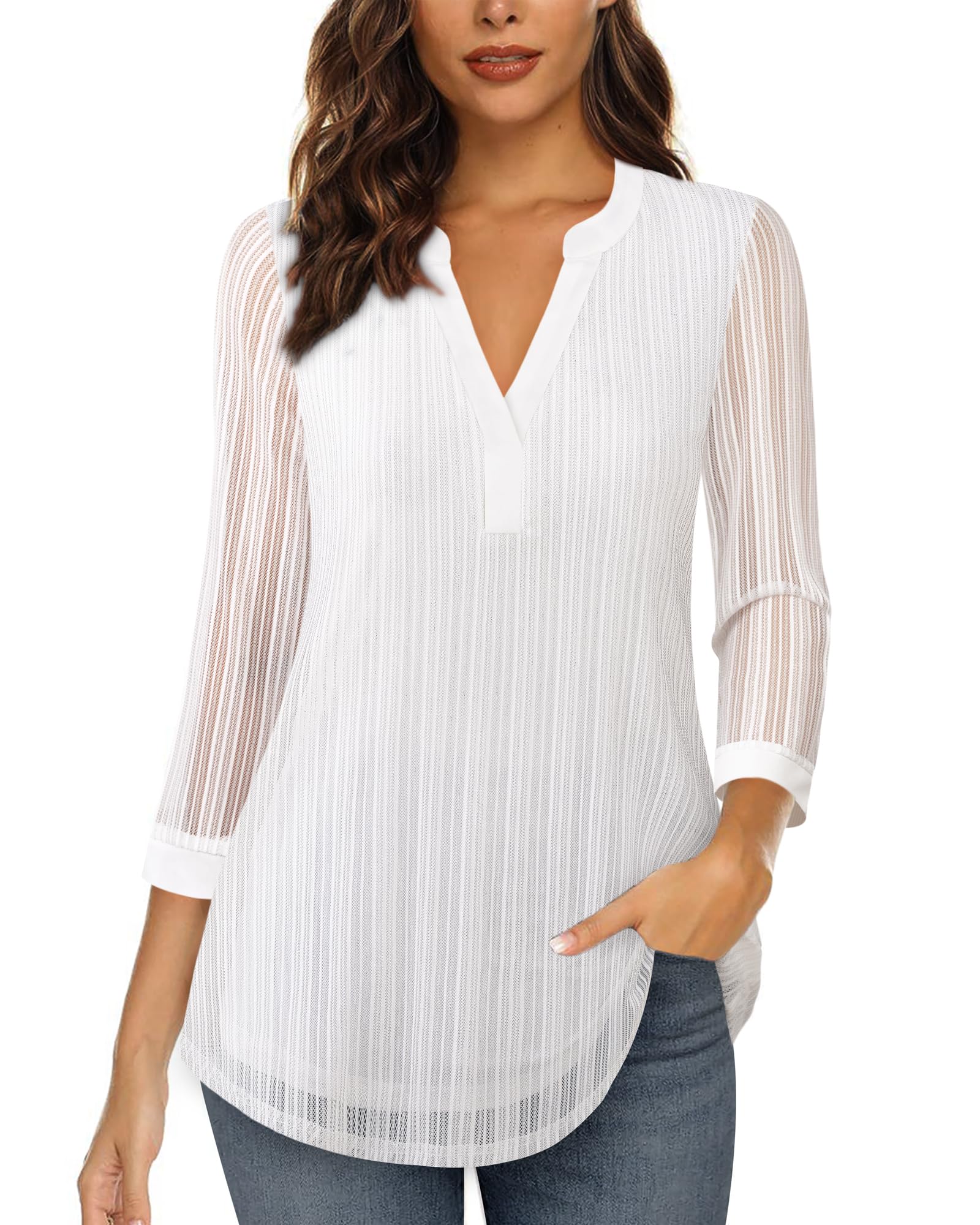 TimesonWomen's 3/4 Sleeve Blouses Casual V Neck Dress Shirts Double Layers Mesh Tunics Tops