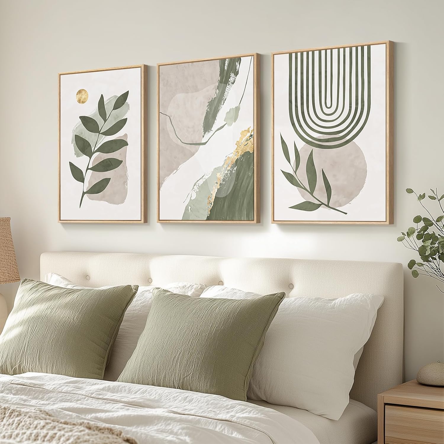 Large Framed Boho Sage Green Abstract Wall Art for Living Room, 3 Piece Leaf Botanical Canvas Artworks Decor, Minimalist Geometric Beige Gold Painting Prints for Dining Room Bedroom Office 16x24 Inch