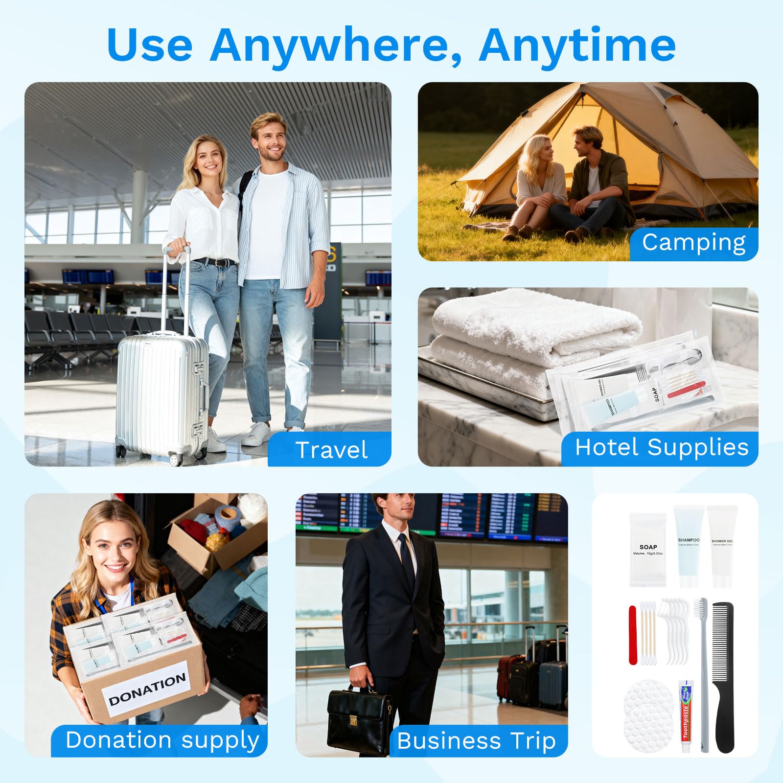 I kit igienici e i kit convenienza alla rinfusa presentano una confezione individuale a doppia tenuta. I kit di igiene personale sono adatti per hotel, campeggio, uso domestico e viaggi