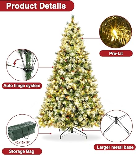 Miniatura 6 de Árbol de Navidad artificial preiluminado de 6 pies, pinos de Navidad con 250 luces blancas cálidas, 818 puntas de rama, 58 bayas, bolsa de