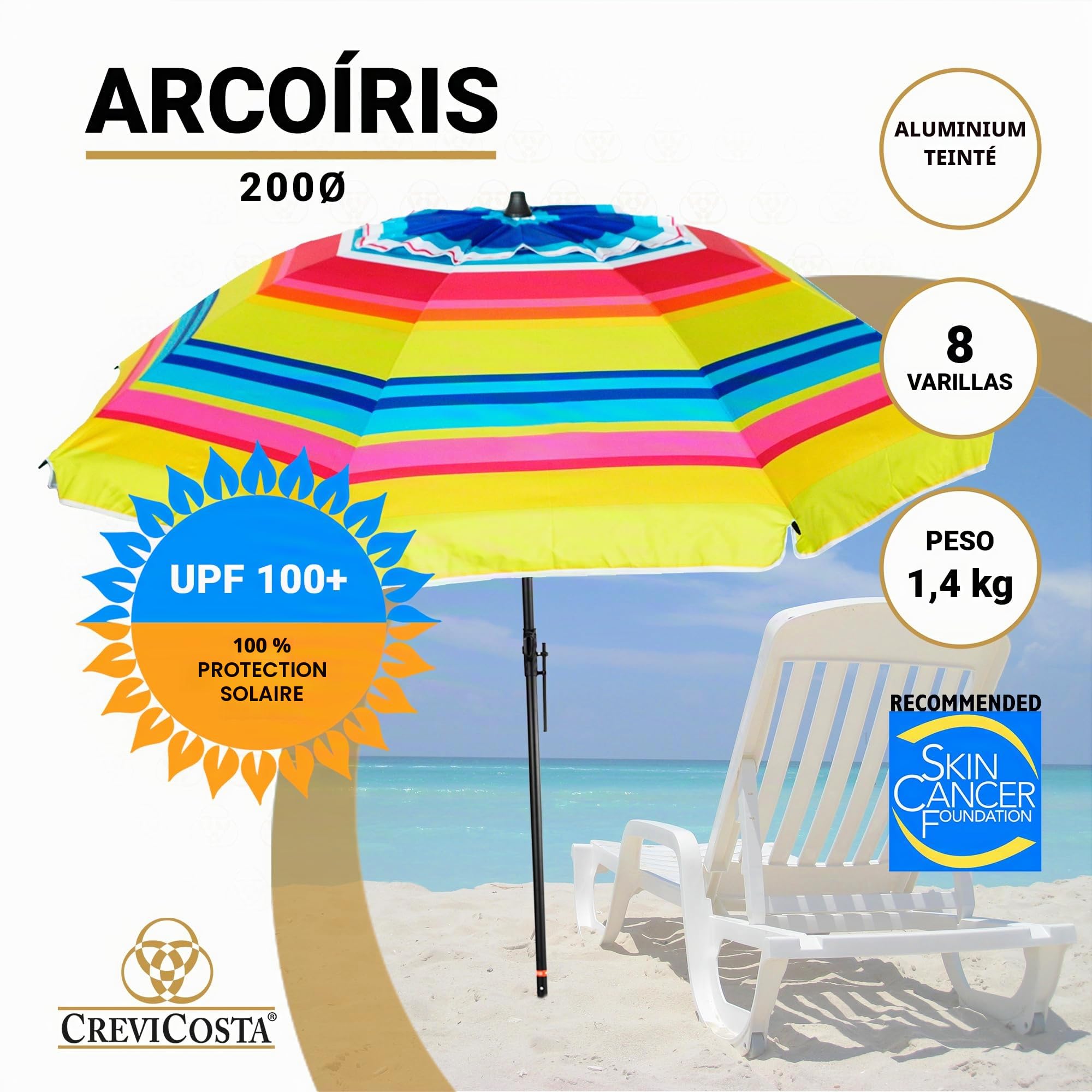 Parasol de plage modèle 200 cm avec spirale et poteau de parcours total. 8 baleines protection totale contre les rayons UV