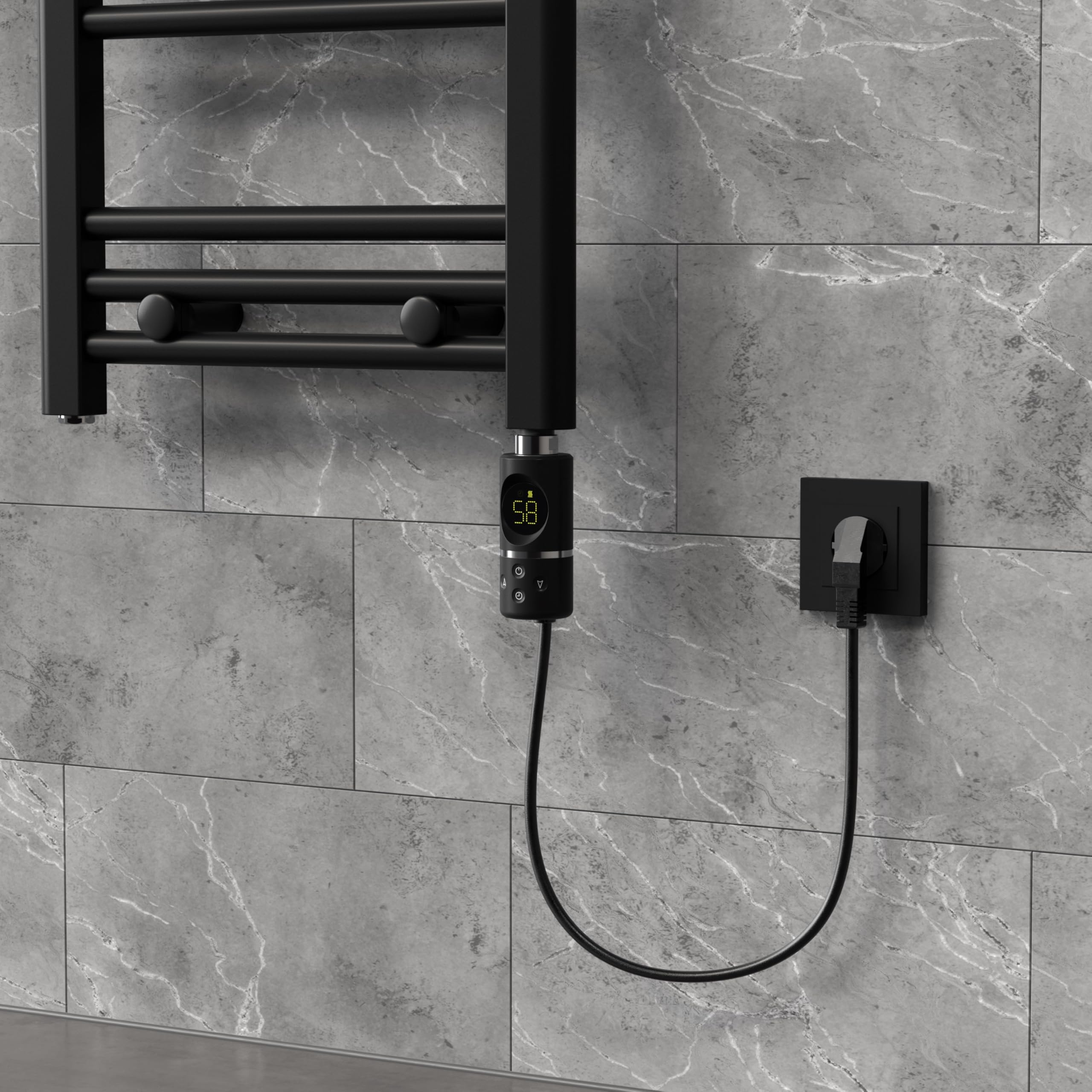 LuxeBath Elemento Calefactor Eléctrico 600W de Acero Inoxiable Negro para Radiadores, con Termostato y Pantalla Digital, Regulador Electrónico y Modo Temporizador, Calentador de Inmersión con Enchufe