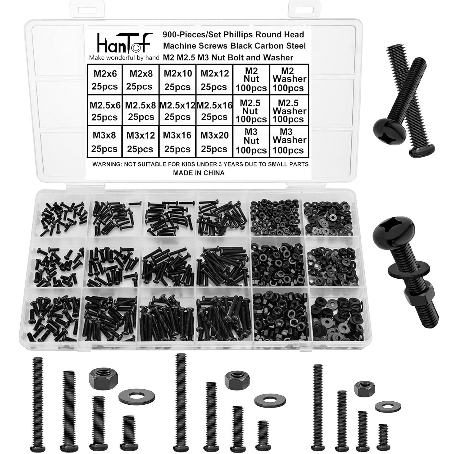 900PCS Round Head Screws Assortment Kit, M2 M2.5 M3 Bolts and Nuts Washers Set, Phillips Drive Pan Head Machine Screws, Carbon Steel Black Oxide, Small Bolts Fully Threaded with Storage Box.