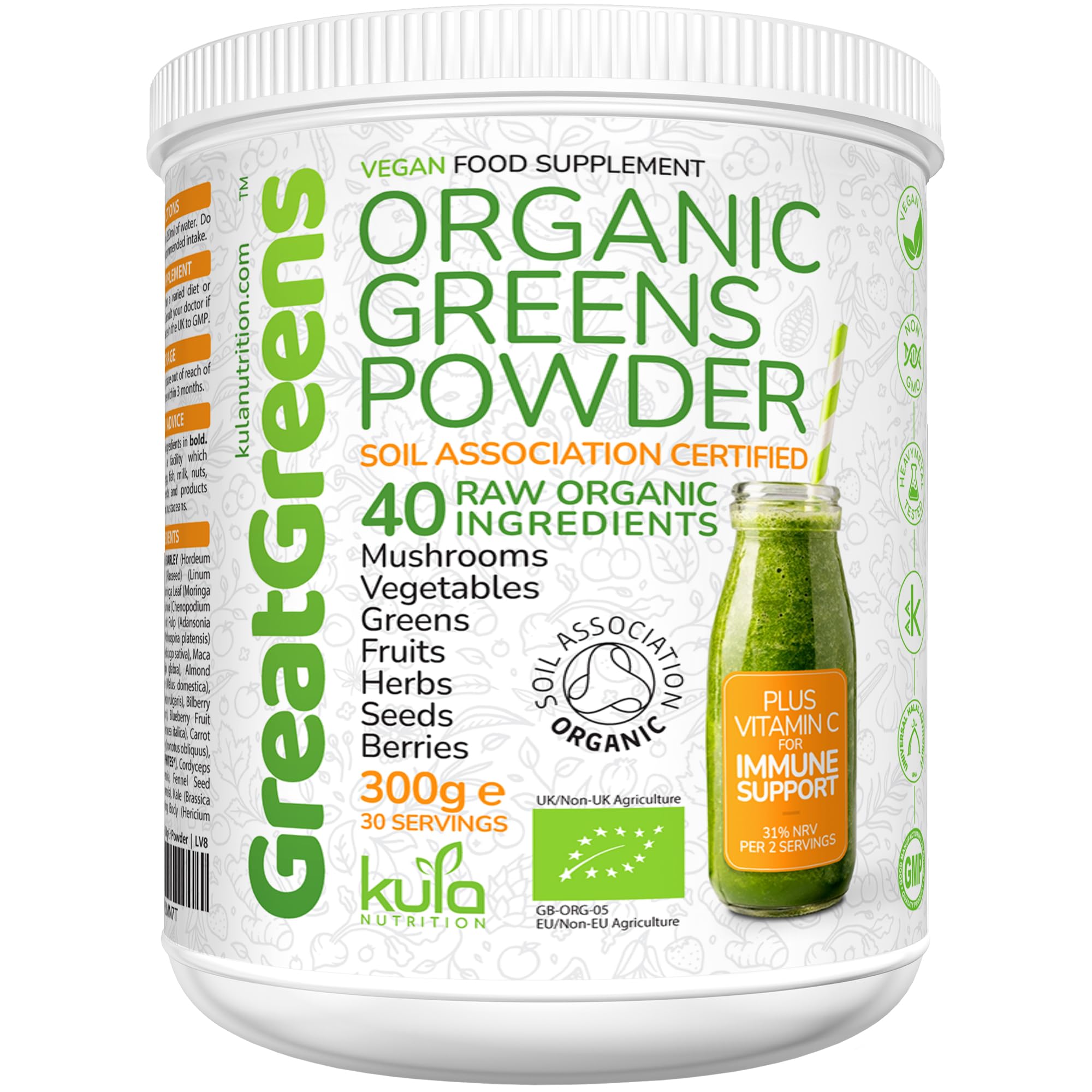 GreatGreens - Organic Greens Powder - Large 300g Blend 40 Raw Superfoods - Greens, Vegetables, Super Fruits, Berries, Sprouts and Mushrooms - High Fibre Vegan Daily Juice Smoothie Drink - 30 Servings