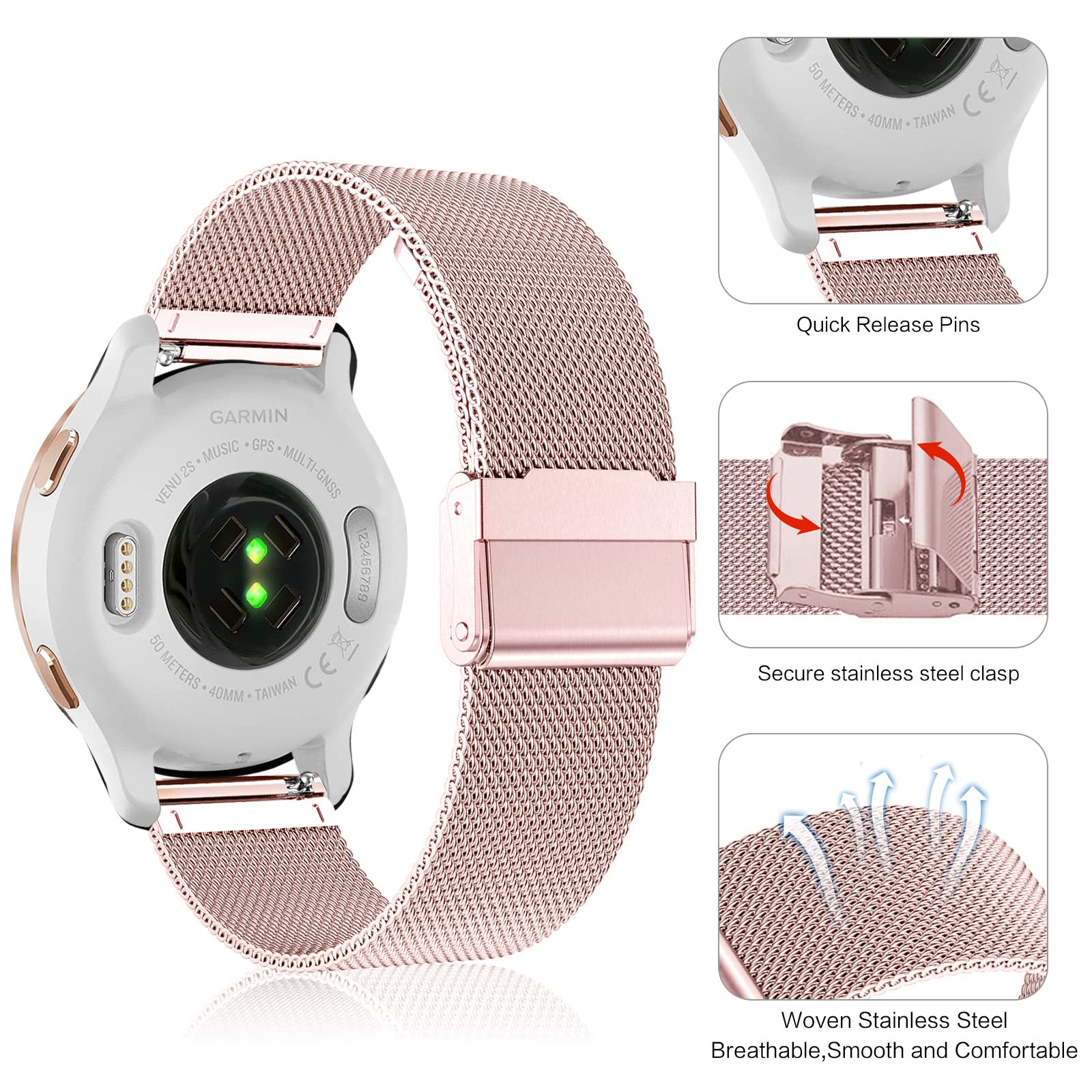 Strap for Garmin Venu 2S, 18mm Stainless Steel Metal Replacement Strap for Vivoactive 4S 40mm, Forerunner 255S, 255S Music - Image 2