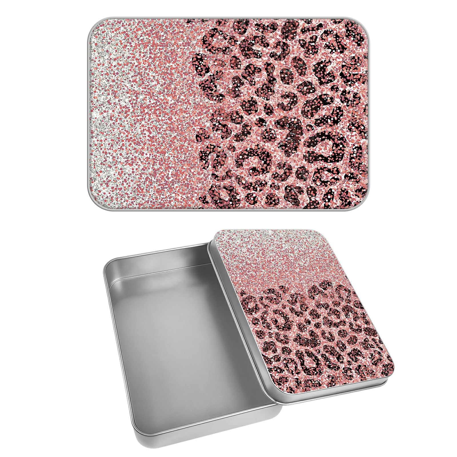 Rectangular Metal Tin Box with Removable Lid, Pink Leopard Glitter Decorative Printed Metal Storage Container for Cash Ticket Credit Card Check 3.46 x 2.36 x 0.7 inch– Single Pack
