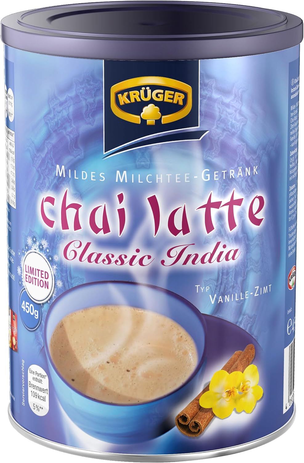 Krüger Chai Latte Classic India waniliowy cynamon, herbata mleczna, herbata w proszku, herbata instant, 450 g, 18 porcji, 8971