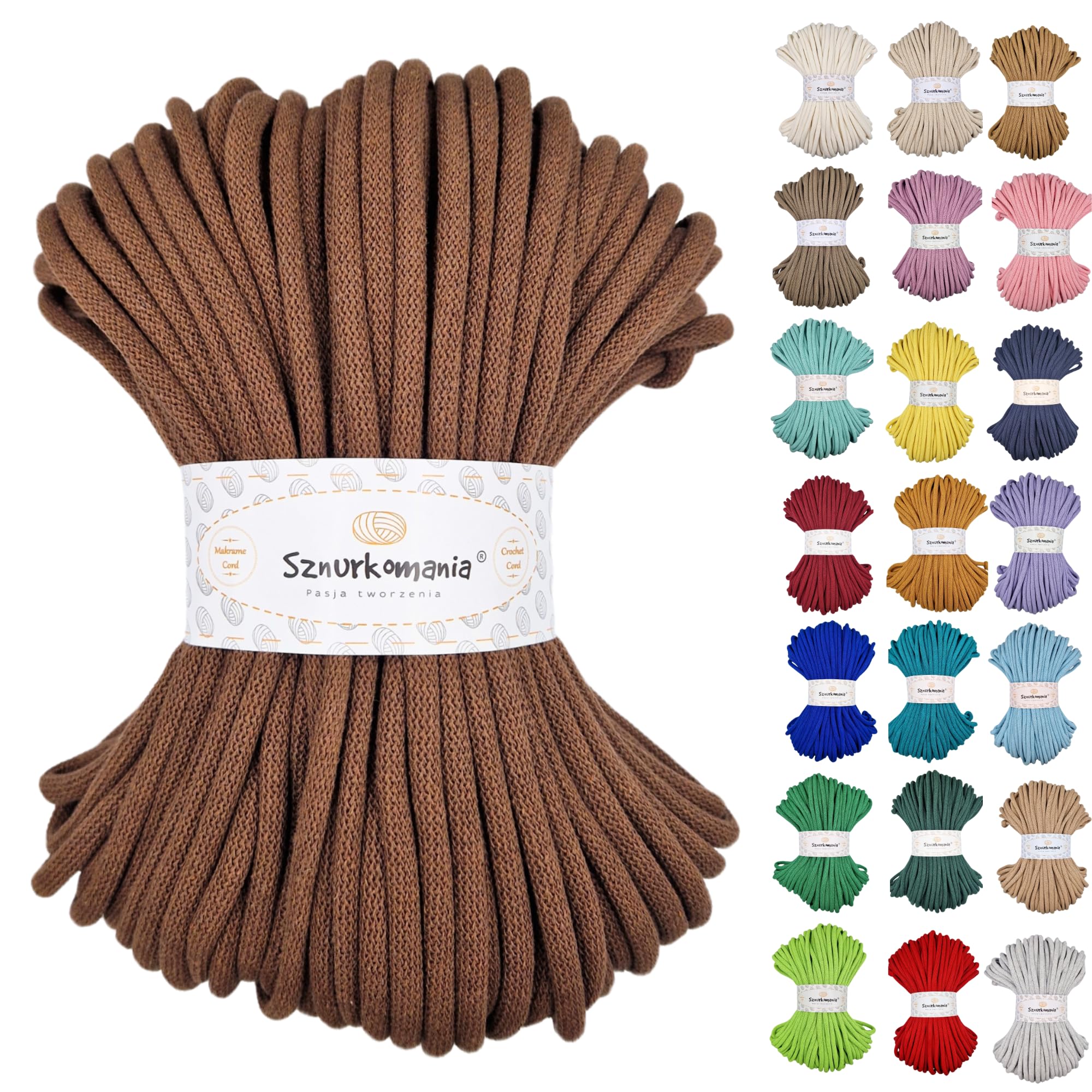 Sznurkomania, Cotton Cord 9mm 50m, Many Colors, Macrame Yarn, Cotton Yarn, Braided Cotton Cord 9mm with Core, Crochet Cord, Crocheted Bag (Brown)