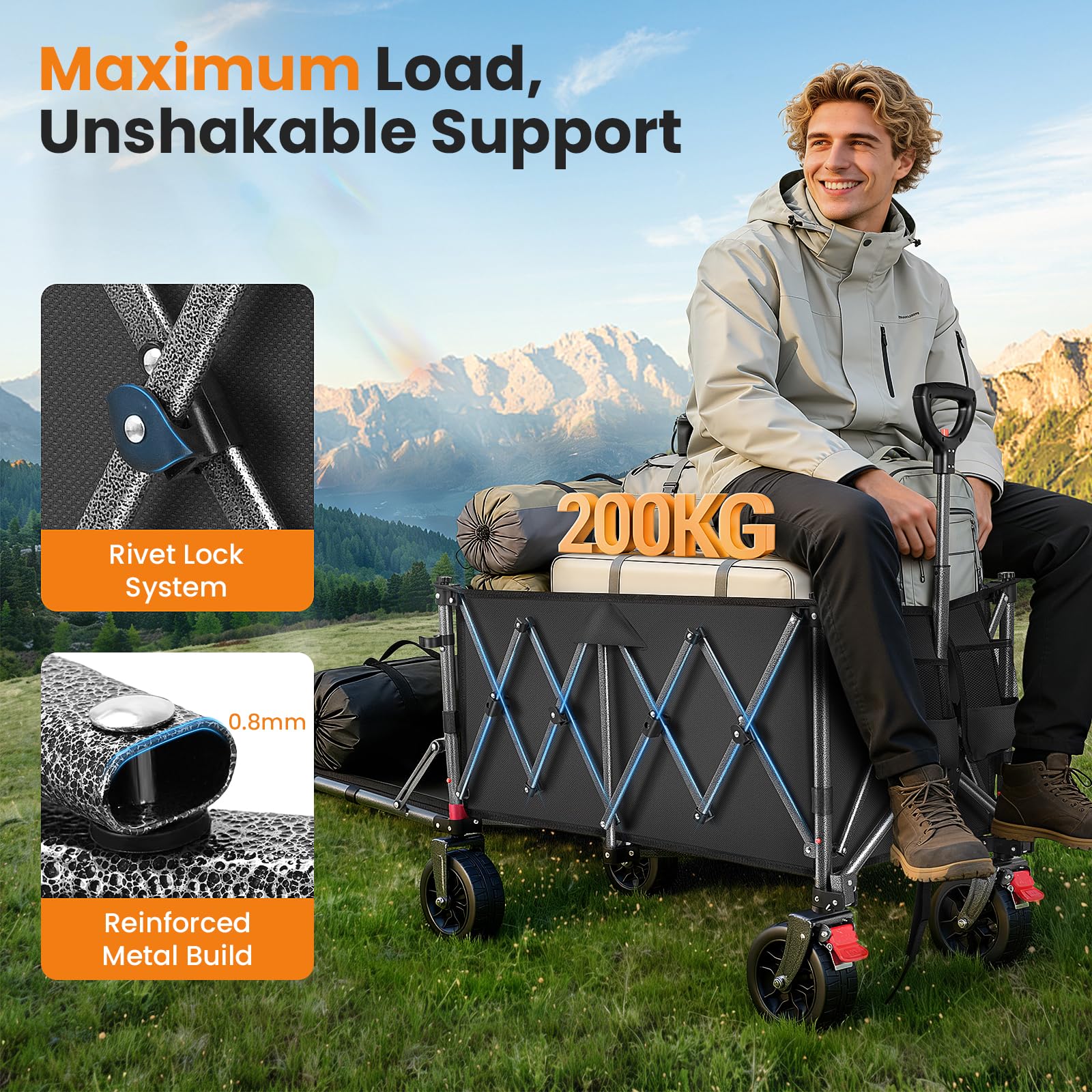 YEAUPE PRO Faltbarer Bollerwagen mit Feststellbremse – All-Terrain-Großräder, öffnendes Heck für Lange Gegenstände und Spanngurtnetz für Camping, Strand, Garten, Schwarz, 150-240L