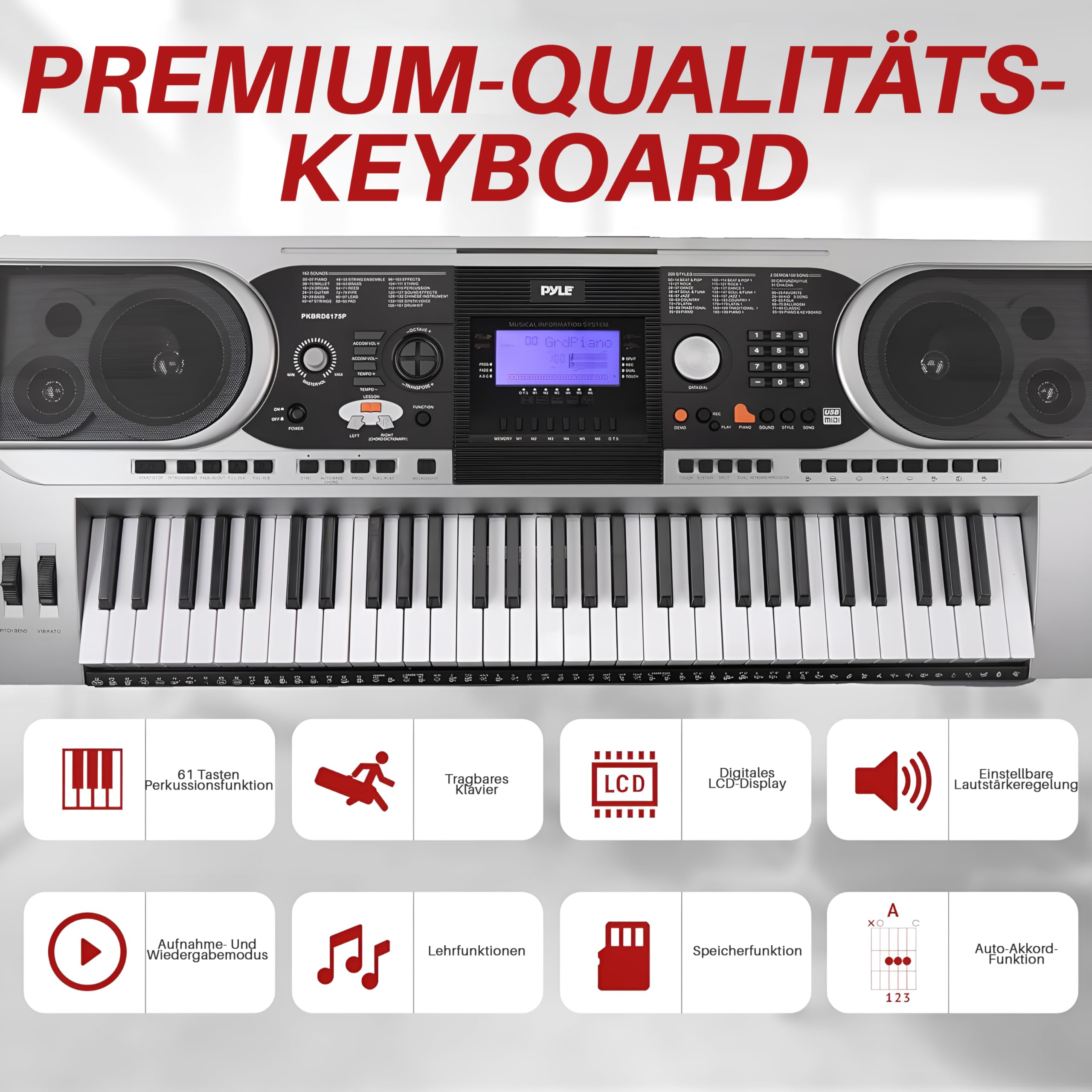 Pyle Keyboard für Anfänger, 61- Tasten E-Piano mit Pitch Bend & Vibrato, Inkl. Ständer, Hocker, Sustain-Pedal, Kopfhörer & Tragetasche, LCD- Display, Klavierlektionen für Kinder & Erwachsene