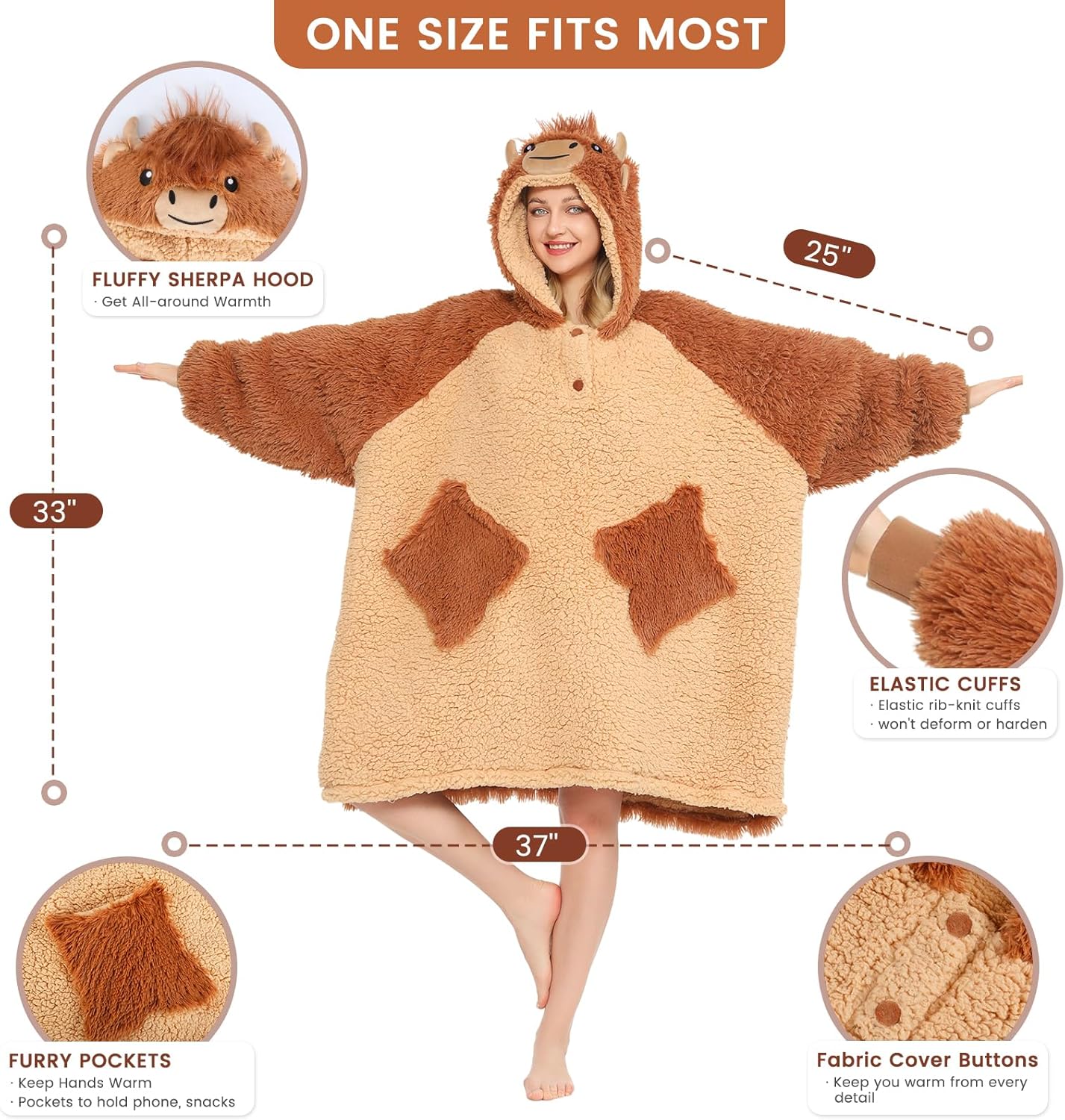 Highland Cow Wearable Blanket Hoodie for Women & Kids, Oversized Sweatshirt With Pockets & Sleeves, Premium Soft Cozy Thick Sherpa & Faux Fur for Ultra Warmth, Highland Cow Gifts for Adults, Girls - Image 2