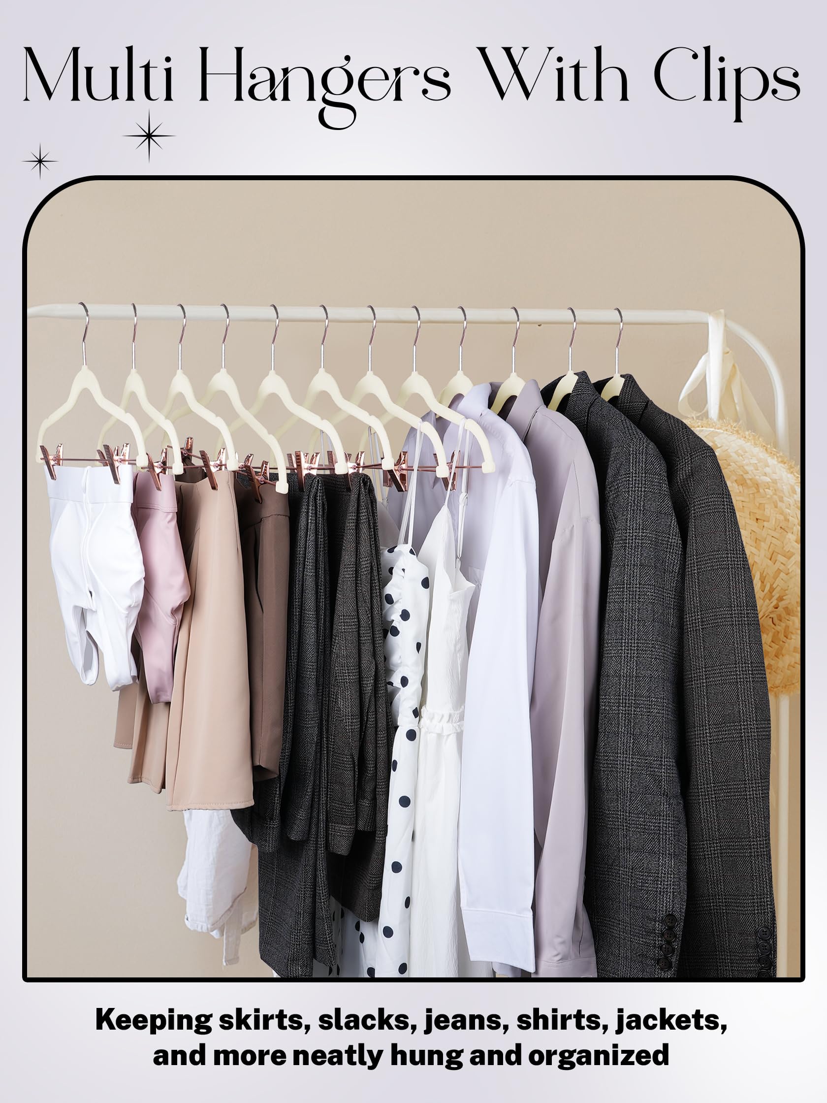 HOUSE DAY Paquete de 24 perchas de terciopelo antideslizantes con clips de oro rosa, perchas delgadas de terciopelo con clips, ganchos de terciopelo para jeans, pantalones, vestidos, abrigos (marfil)