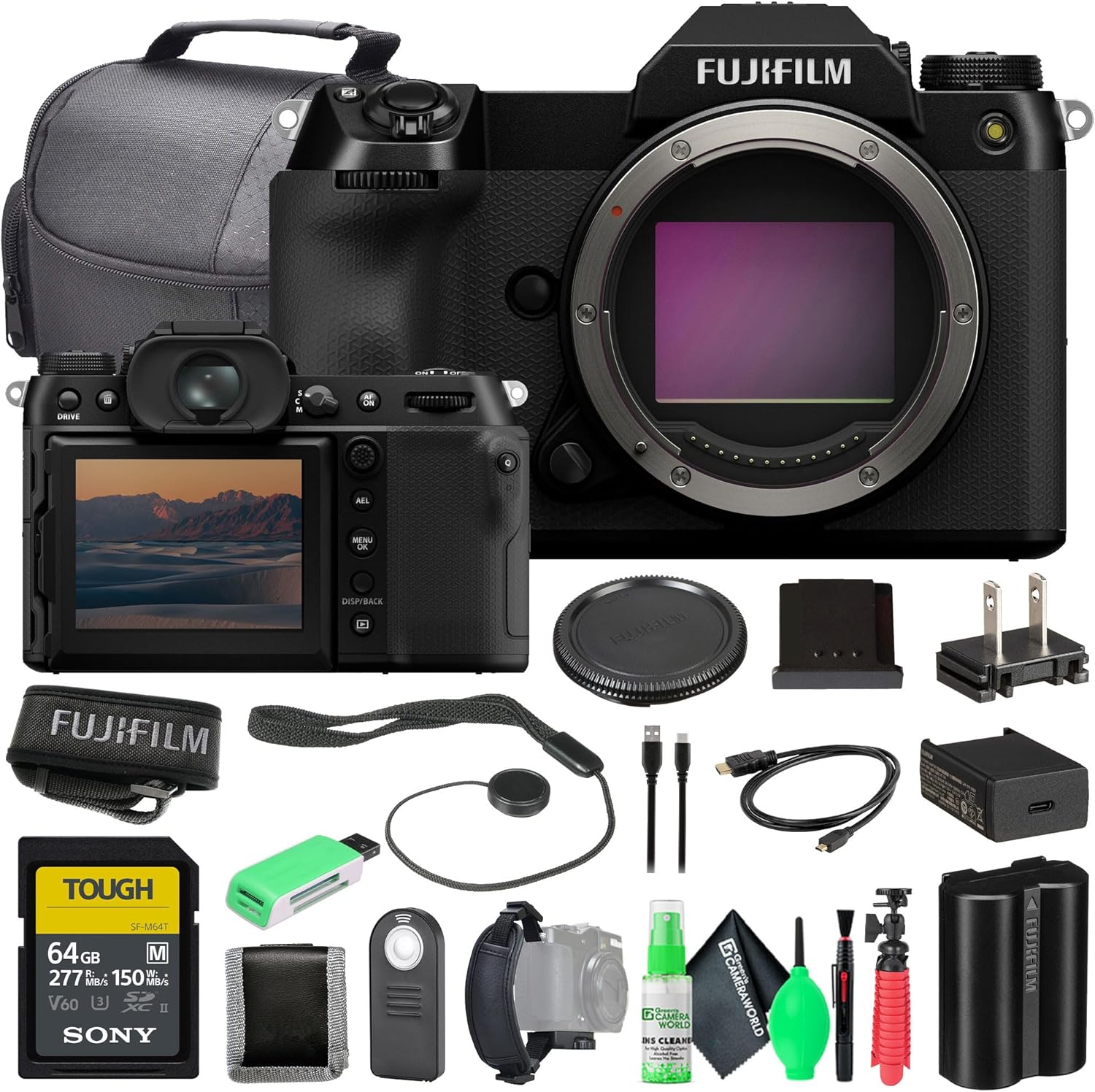 Fujifilm GFX 100S II Mirrorless Medium Format Camera Body Bundle with 64GB SF-M Tough Series UHS-II SDXC Memory Card + Flexible Vlogging Tripod + Greens Cleaning kit + More Accessories