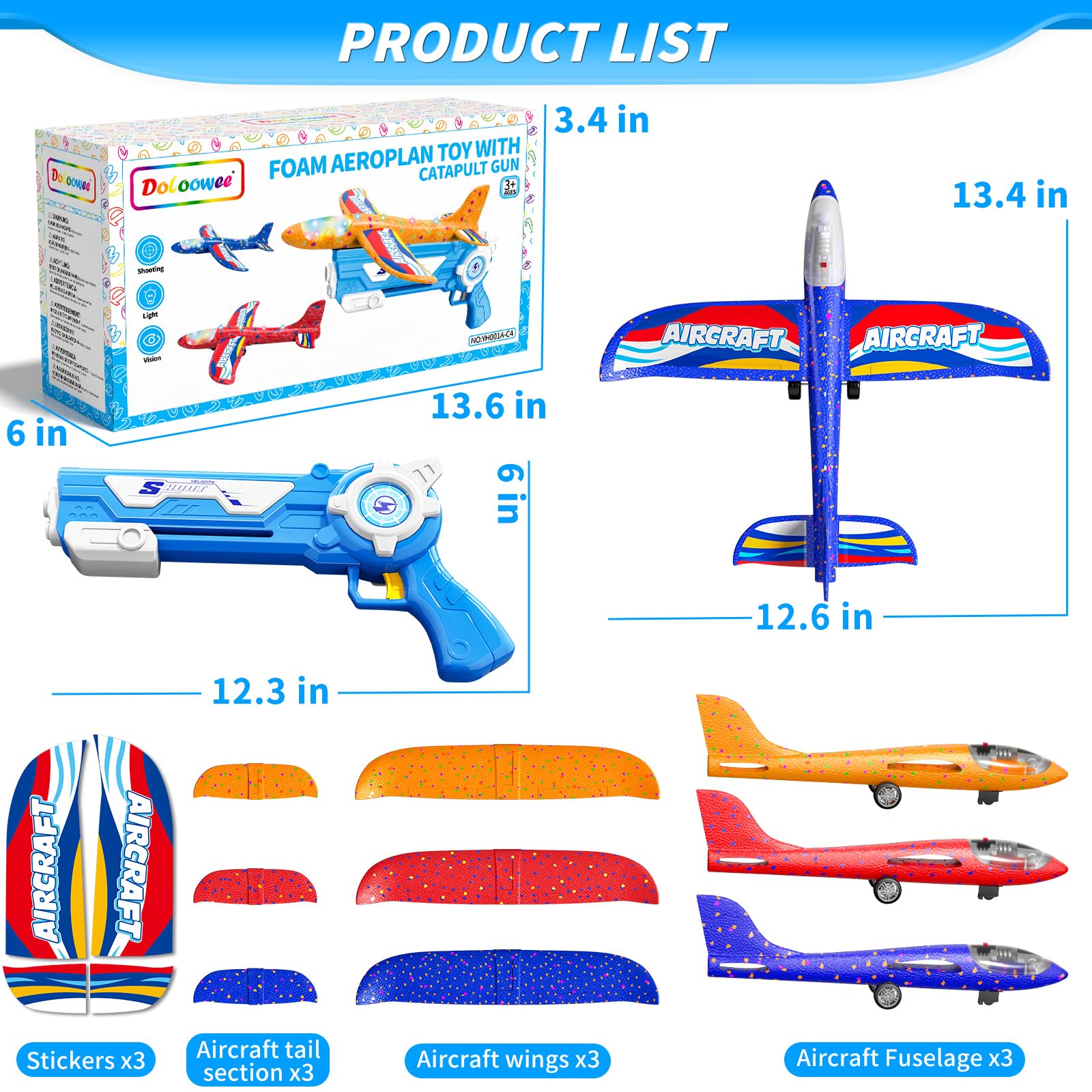 Doloowee 3 Avions Planeurs en Mousse, 2 Modes de vol, Jouets Volants d'extérieur avec Pistolet catapulte, Cadeaux pour garçons Filles de 4 5 6 7 8 9 10 11 12 Ans