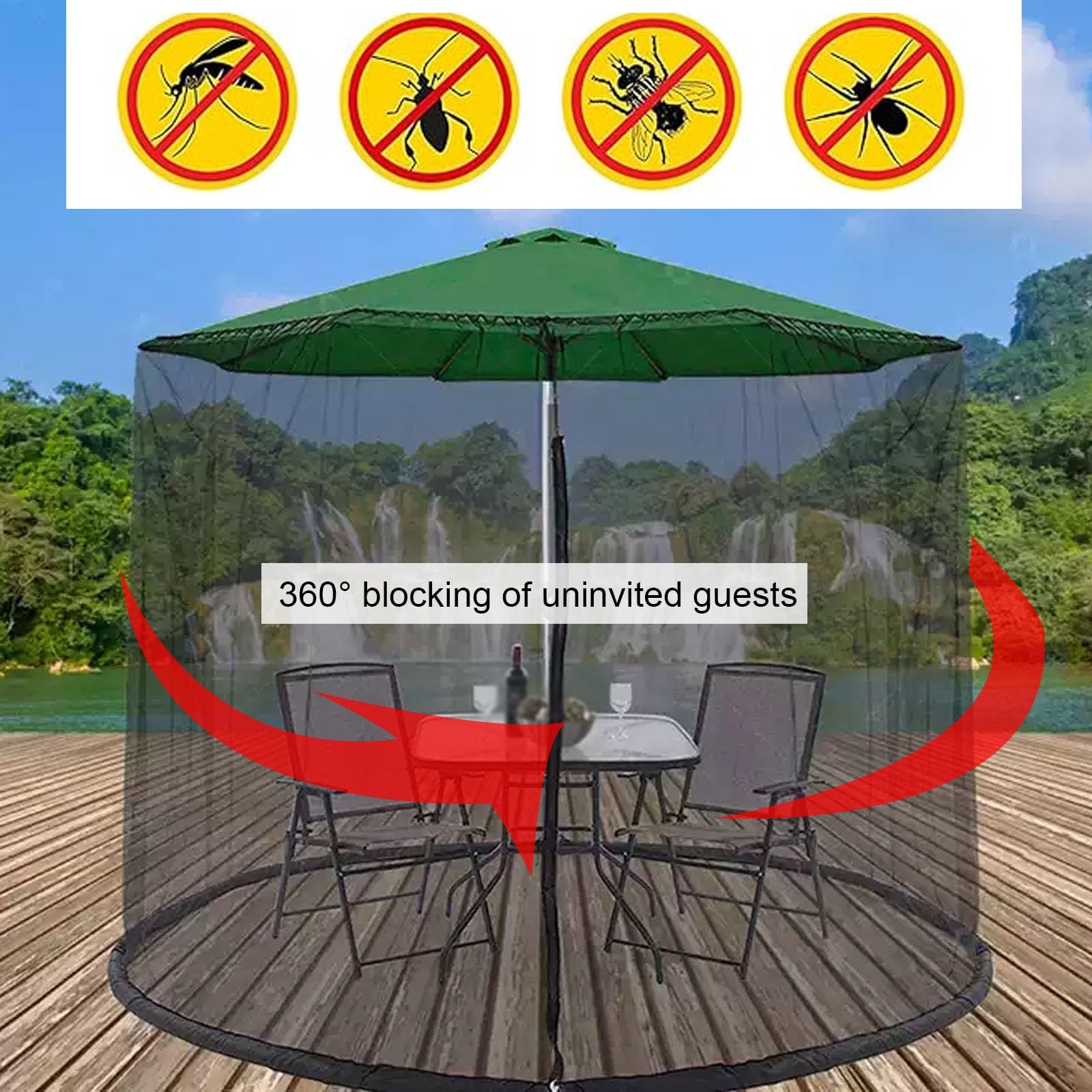 Moskitiera na zewnątrz z zamkiem błyskawicznym i regulowanym sznurkiem, siatka na parasol tarasowy z rurą PCW na letnie popołudnie, wieczorne grille, imprezy (czarna)