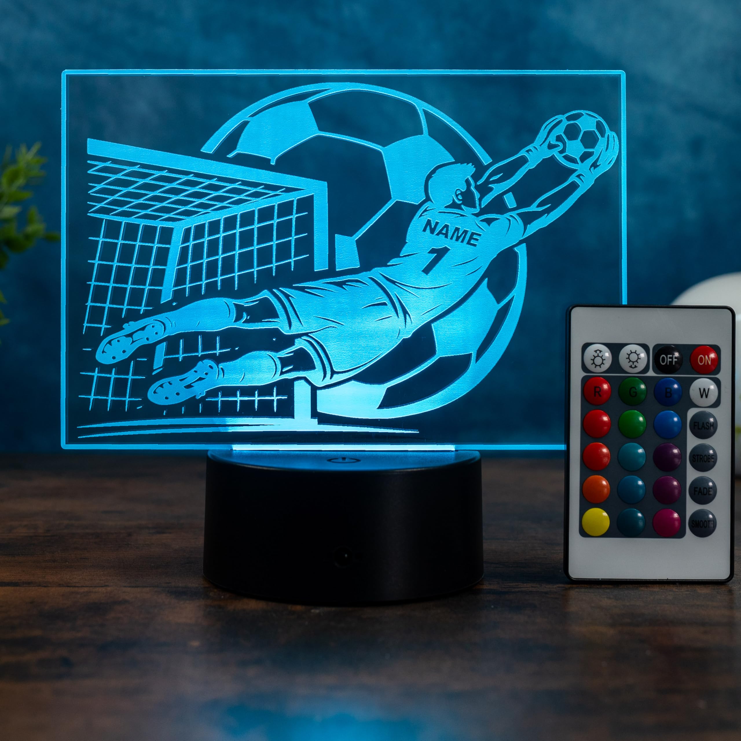 Personalisierte Fußball Torwart Lampe – Geschenkidee für Fußballer mit Name & Nummer, LED Nachtlicht dimmbar mit Farbwechsel, Fernbedienung, USB oder Batterie
