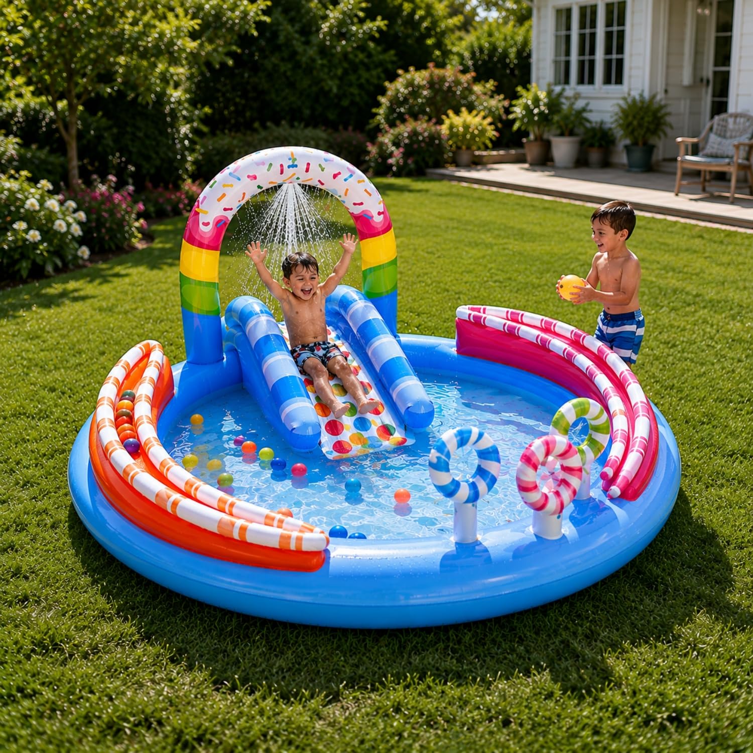 Toy Imagine Candy Zone Inflatable Kids Pool Play Center with Water Slide & Sprinkler, Backyard Toddler Pool, Outdoor Summer Water Park (116" x 75" x 51")-image-18