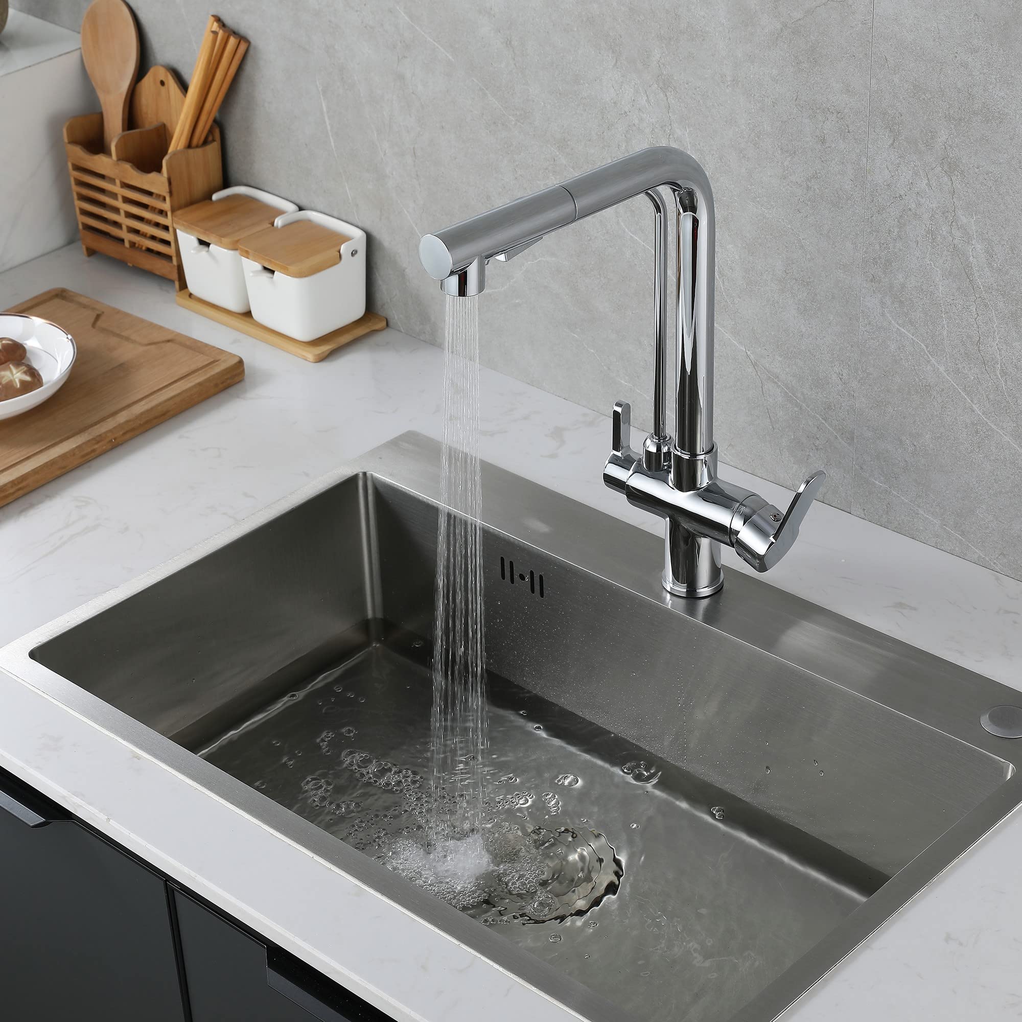 Grifo Cocina Osmosis Extraible, Grifo De Cocina Ósmosis Con 3 Vías,360° Giratorio Grifo Para Fregadero Cobre Grifo Monomando Para Agua Fría Y Caliente (Cromo)