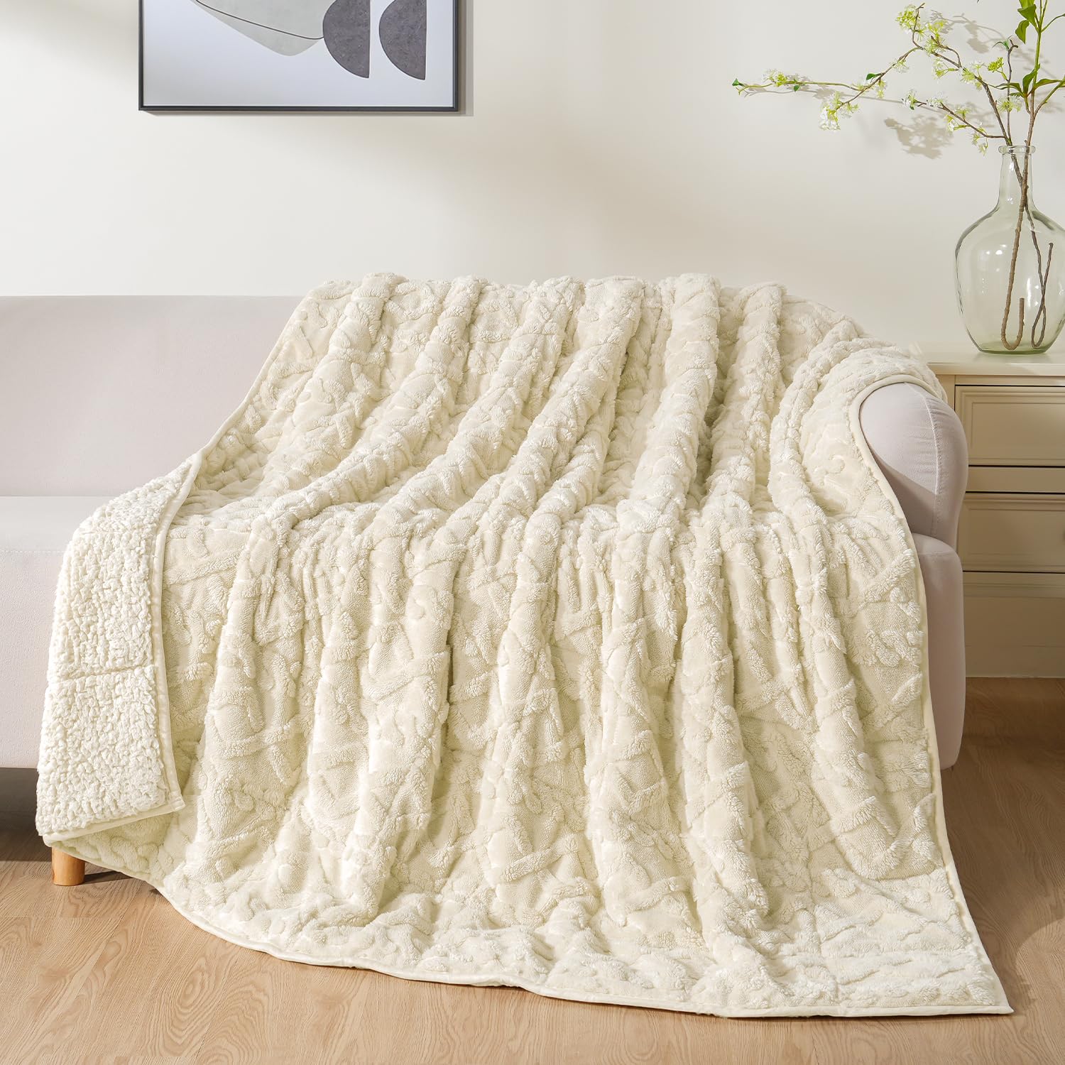 Uttermara Weighted Blanket for Adults Queen Size 20lbs 60x80 inches, Dual Sided Soft Jacquard Sherpa Weighted Blankets, Thick Heavy Blanket for Sleeping and Calming, Beige