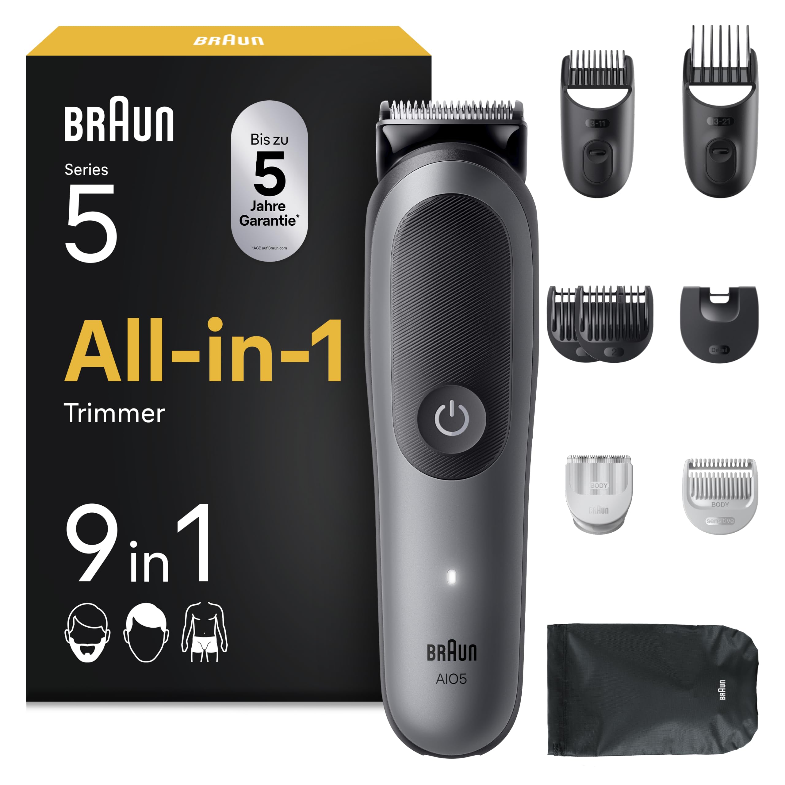 Braun Multigroom All-in-One Series 5 9-in-1 Trimmer-Set, Barttrimmer Haarschneidemaschine, 14 Längen, 120 Min. Akku, Wasserdicht