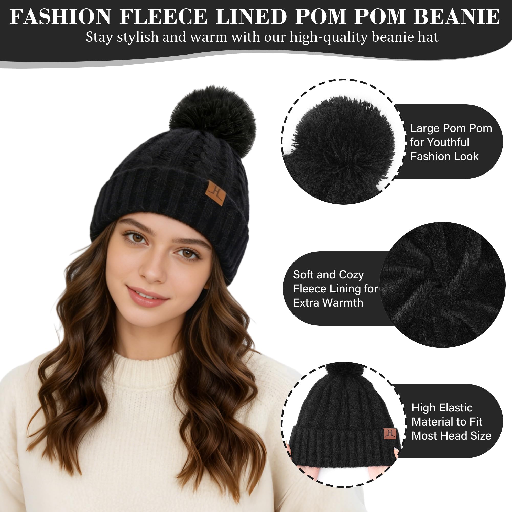 Bequemer Laden Femmes Hiver Chaud Bonnet Pompon Gants Tactiles Longue Echarpe Ensemble Tricot avec Doublure Polaire Cadeaux Noel Femme