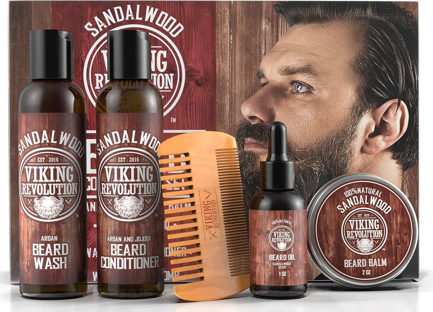 Viking Revolution – Baardset voor heren – verzacht, hydrateert en verlicht jeuk – bevat na shampoo en baardshampoo, baardkam, balsem en baardolie voor heren – sandelhout