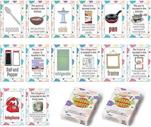 Creanoso Tarjetas didácticas de aprendizaje para objetos domésticos (2 cubiertas)  Ideas de regalos de diseño portátil para fiestas de cumpleaños
