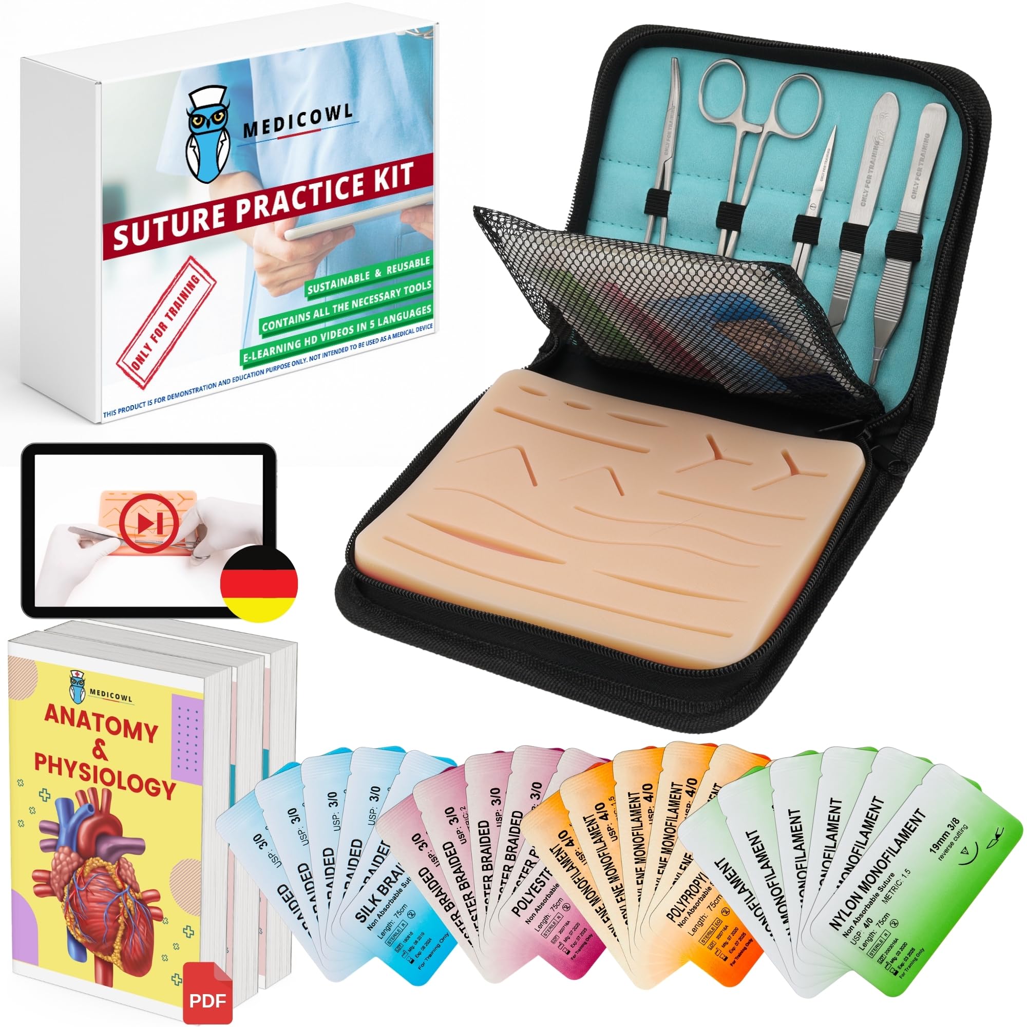 Nahttrainingsset | Nahtschulung + Wundnaht-Videokurs auf deutsch | 33 Stück im Fächeretui | Silikon-Nahtsimulator || Wundnaht-Übungsset | Ideales Geschenk für Medizinstudenten