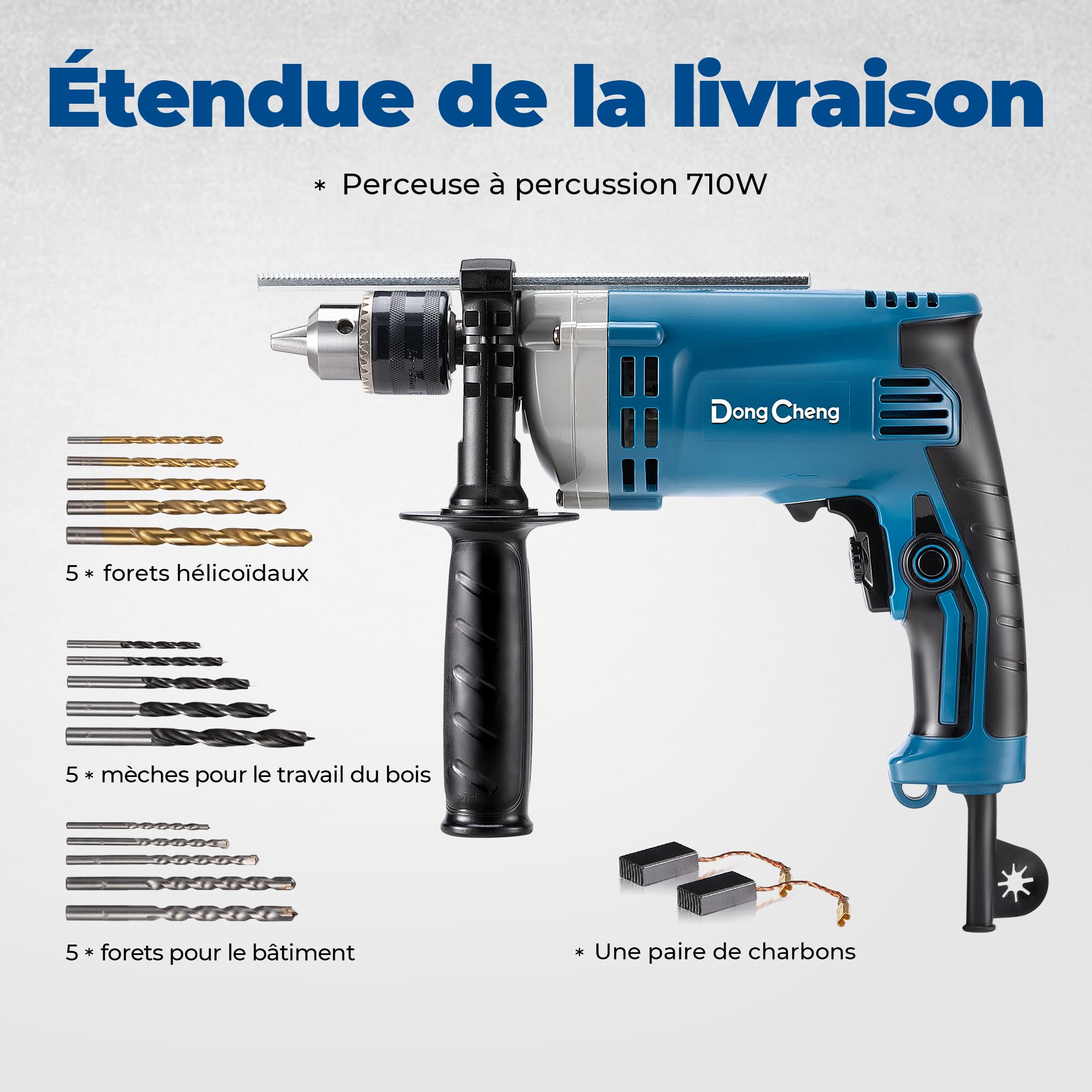 DongCheng Perceuse à percussion Marteau perforateur 710W 13mm mandrin 45000 IPM 3000 RPM 15 couronnes perçage métal bois béton