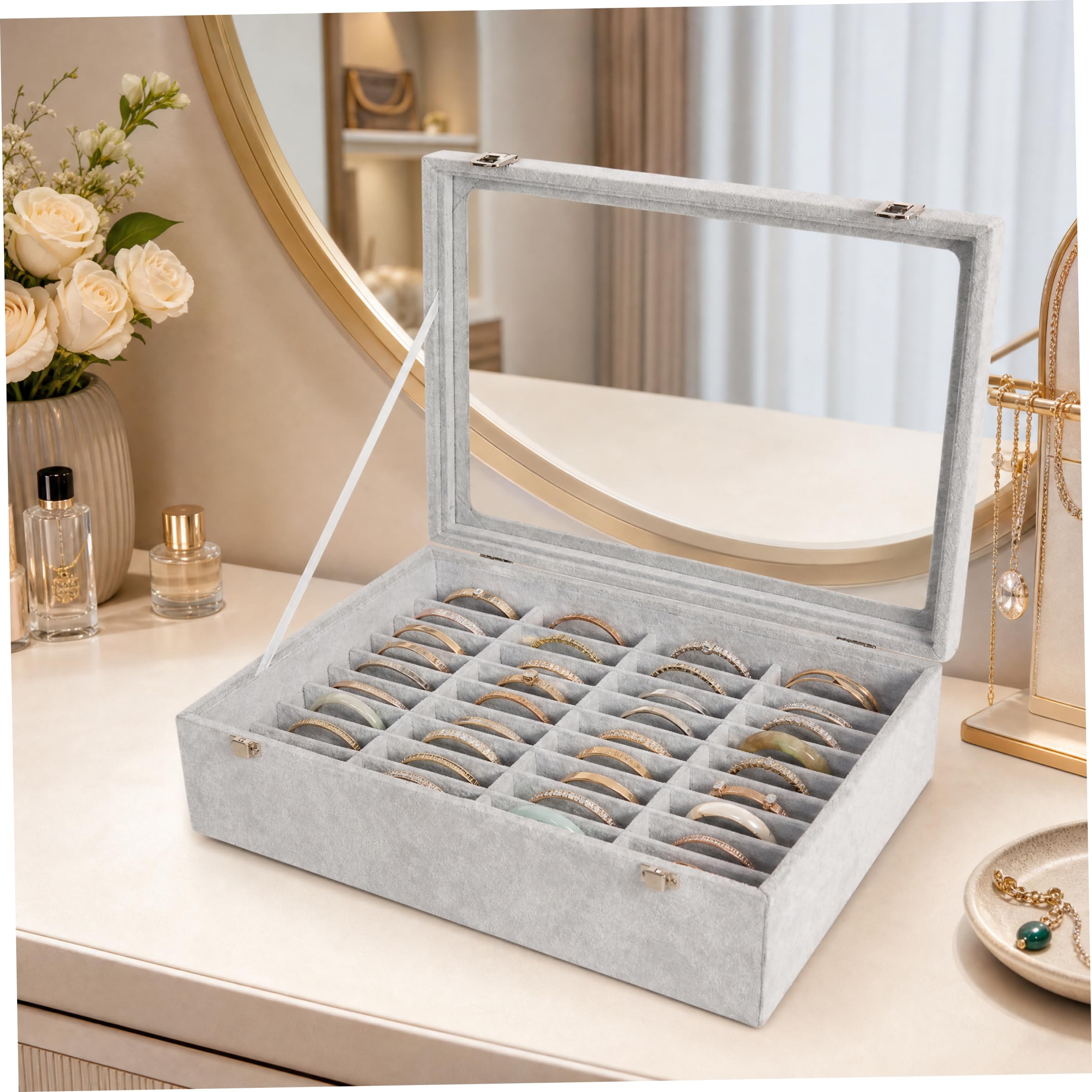 Organizador de caja para brazaletes Organizador de brazaletes con forro de terciopelo de 40 ranuras, gris plateado