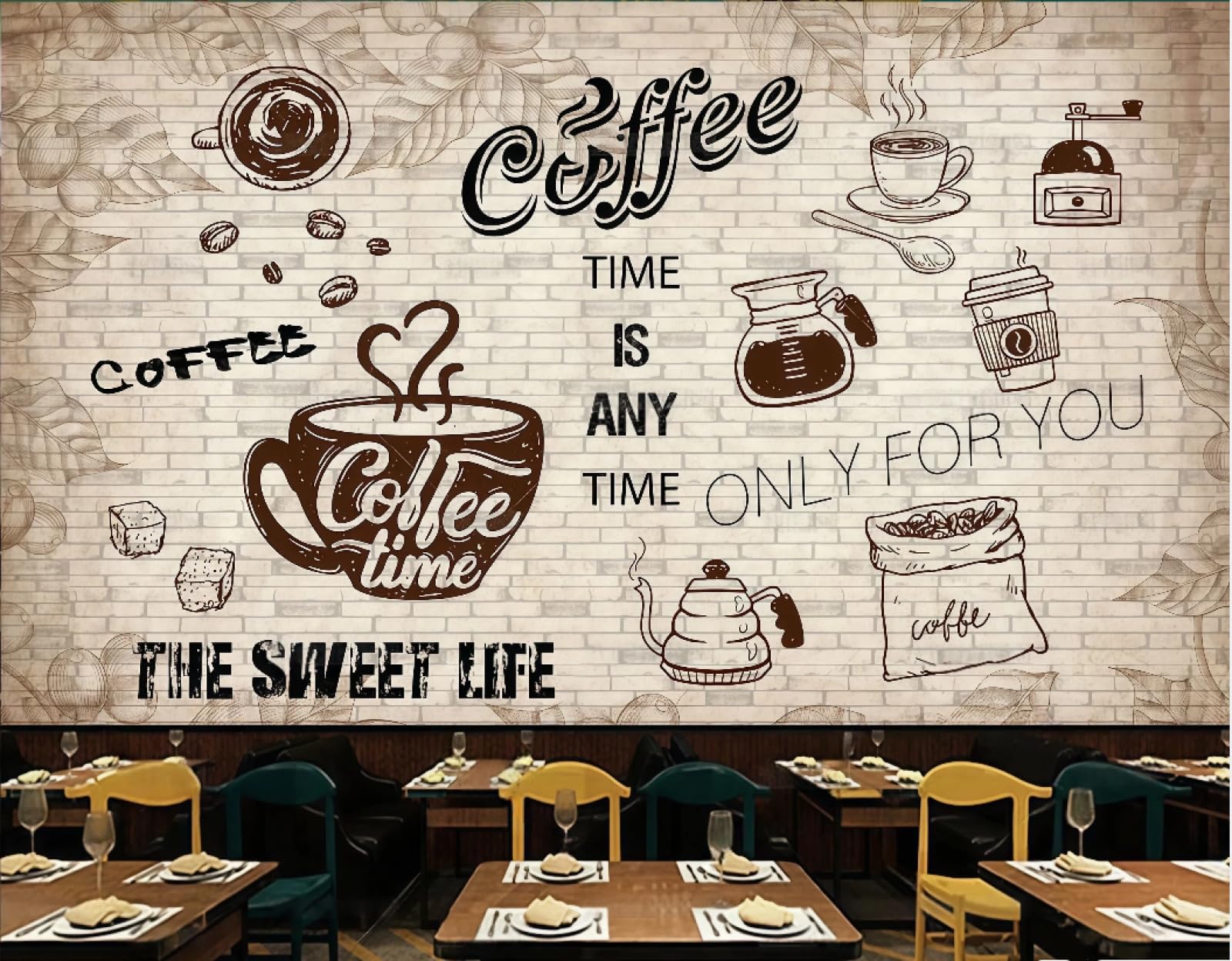 rskjdghshd Wallpaper Retro Brick Wall Hand-Painted Coffee Letters Afternoon Tea Cake Drink Shop Background Wall Western Restaurant Wallpaper Cafe Mural,3D,250x175cm