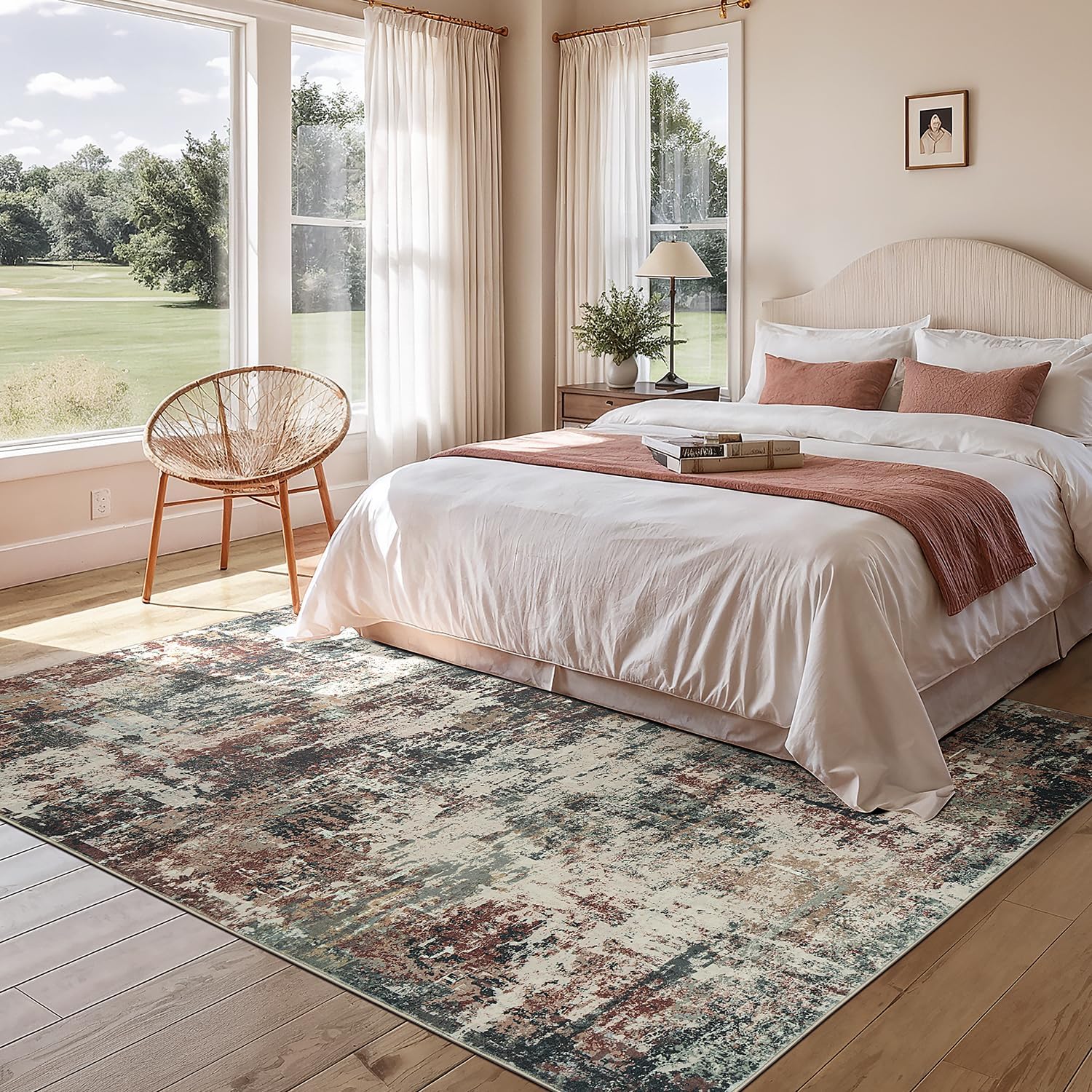 rugflix 5x7 area rugs for living room, washable large rug stain-resistant low pile, modern carpet for dining room home office kid room nursery bedroom, rust rust red 5' x 7' (rectangular)
