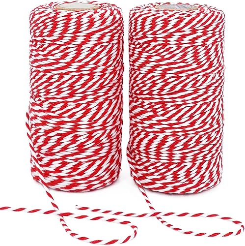 Cuerda de Navidad, 2 rollos de 656 pies, cordel de algodón natural rojo y blanco para envolver regalos, hornear, manualidades, jardinería,