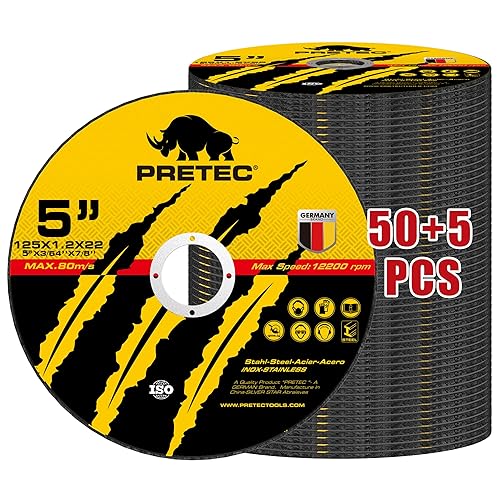 PRETEC 50+5 ruedas de corte de metal, discos finos de corte rápido de metal y acero inoxidable de 4.921 in para amoladora angular, agujero de eje de