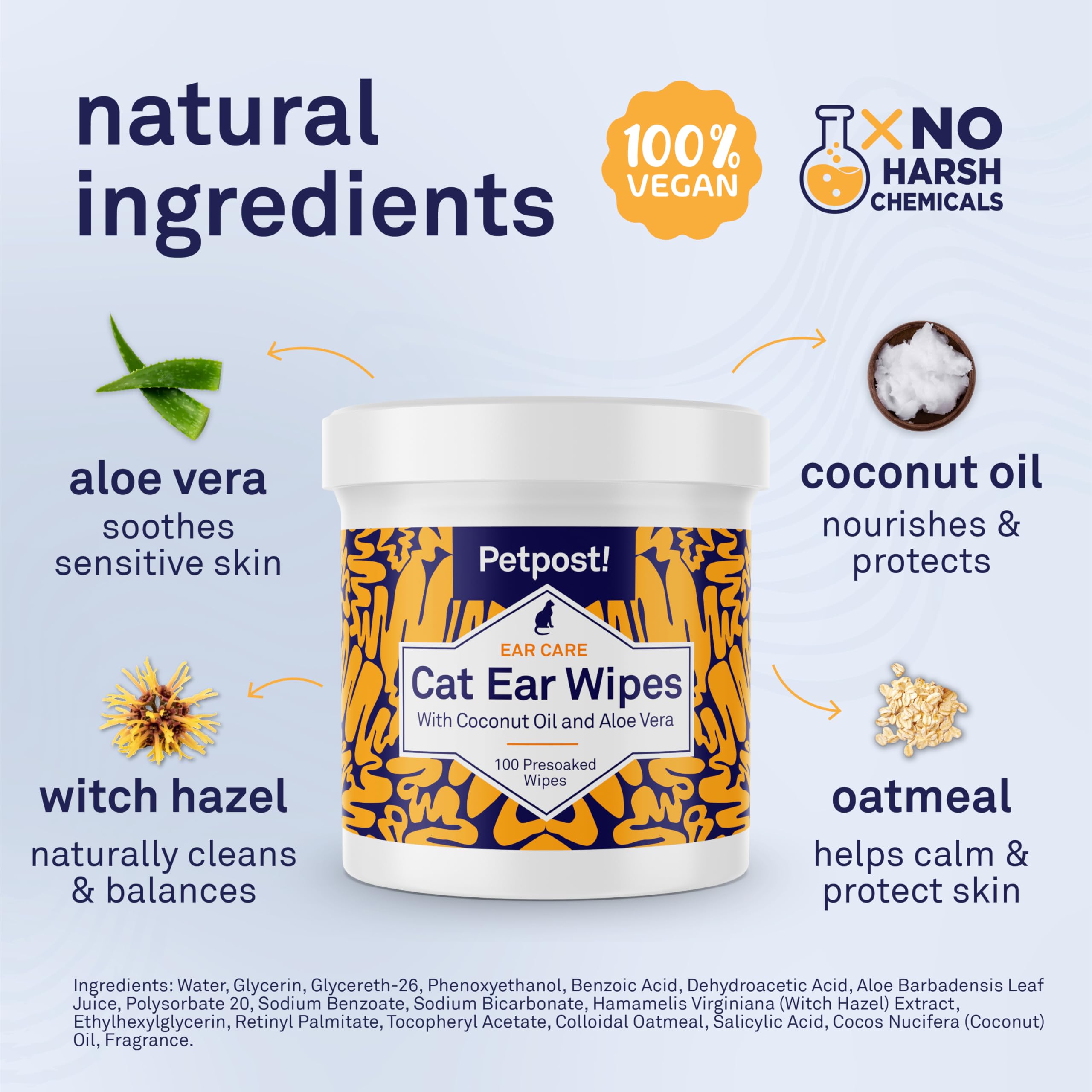 Petpost | Toallitas Limpiadoras de Oído para Gatos – 100 Almohadillas de Algodón Ultra Suave en Solución de Aceite de Coco – Tratamiento para Garrapatas de Oído de Gatos e Infecciones Auditivas