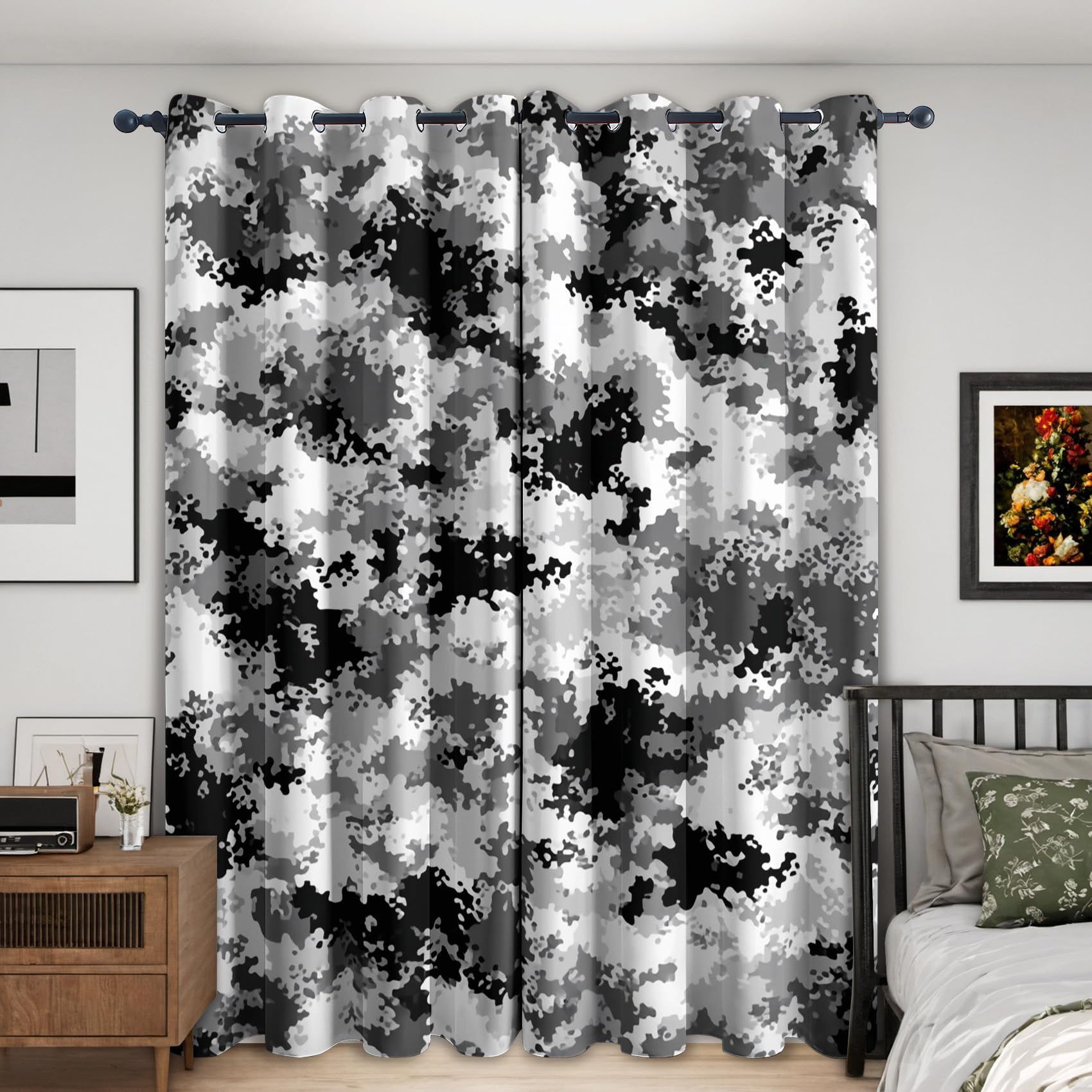 Grey Camouflage Curtains for Bedroom 90x108, Kids Camo Curtains Blackout Living Room Home Decor, Printed Window Eyelet Drapes 108 Inch Drop 2 Panels - Aud297